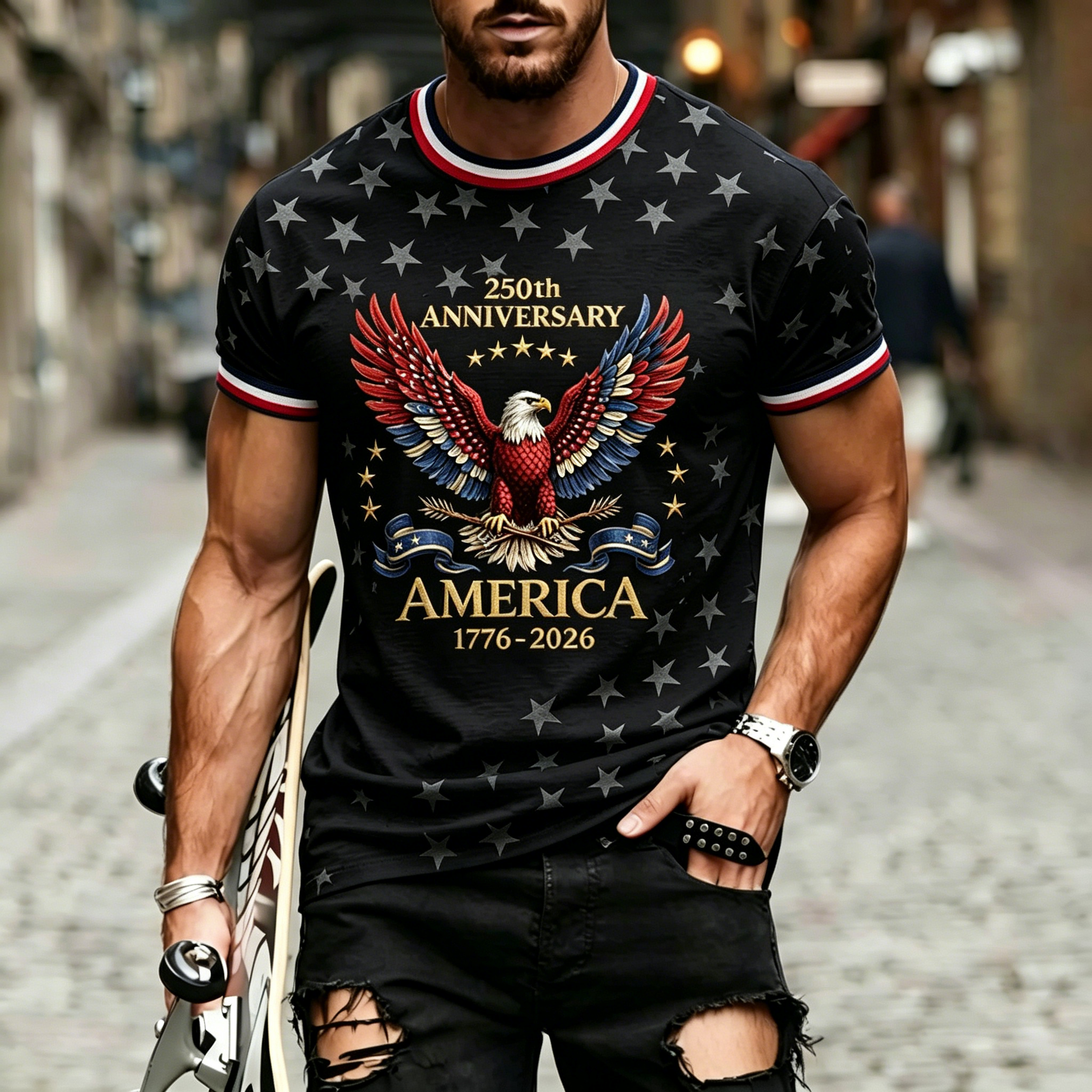 250th Patriotic Eagle Star Print Ringer Crew Neck T-Shirt for Men