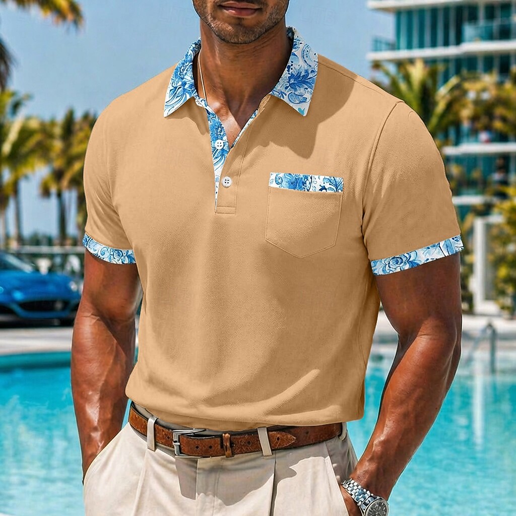 Floral Contrast Collar Pocket Solid Short Sleeve Polo Shirt for Men