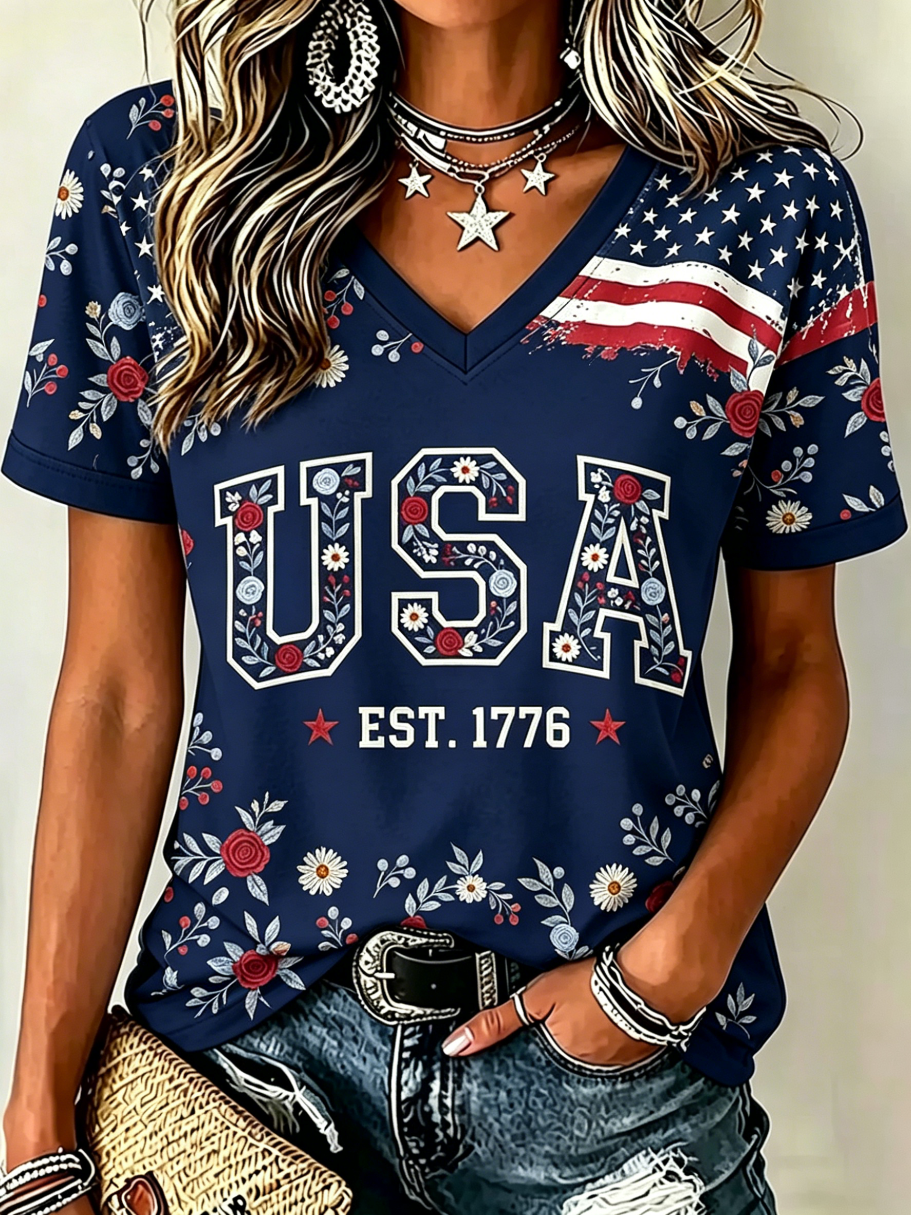 Floral USA 1776 Star Stripe Raglan V Neck Patriotic T-Shirt for Women