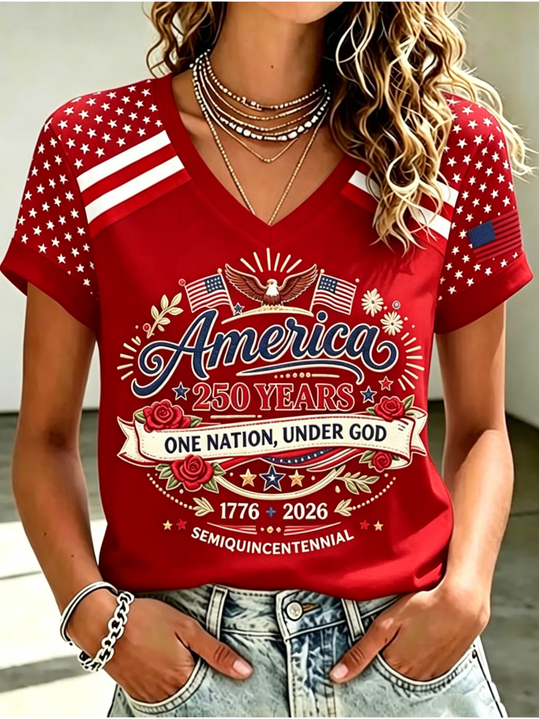 250th Eagle Floral Faith Slogan Raglan V Neck Patriotic T-Shirt for Women