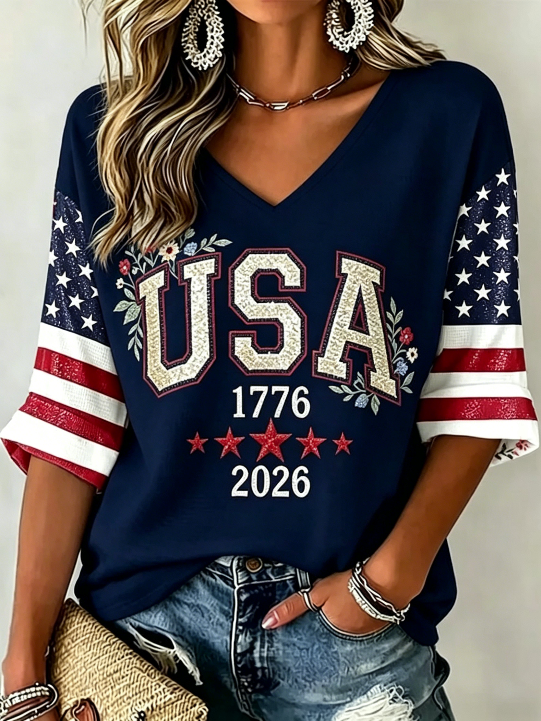 Glitter USA Floral Star Flag Raglan 3/4 Sleeve V Neck Patriotic T-Shirt for Women