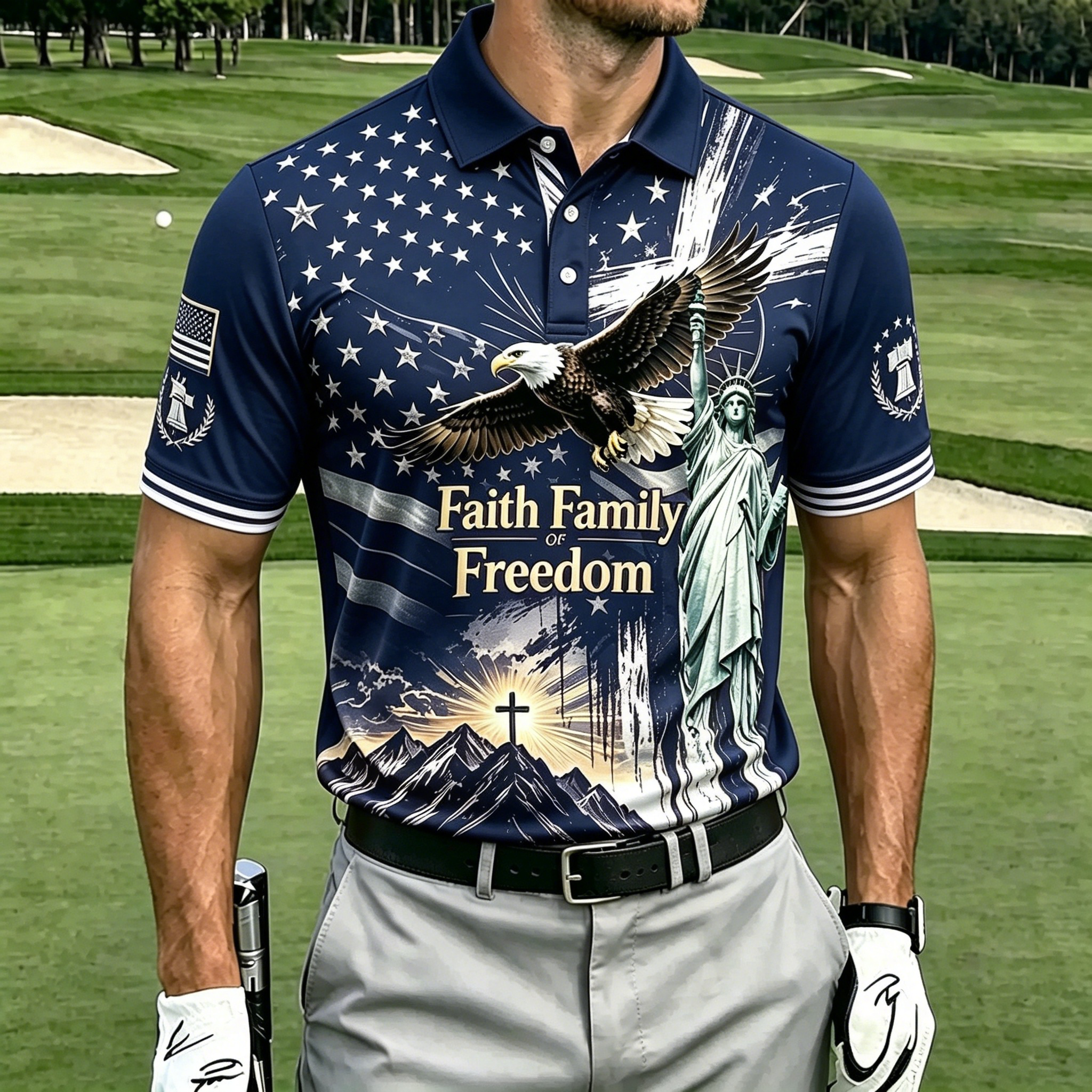 Faith Family Freedom Eagle Statue Liberty Flag Cross Print Contrast Collar Golf Polo Shirt for Men