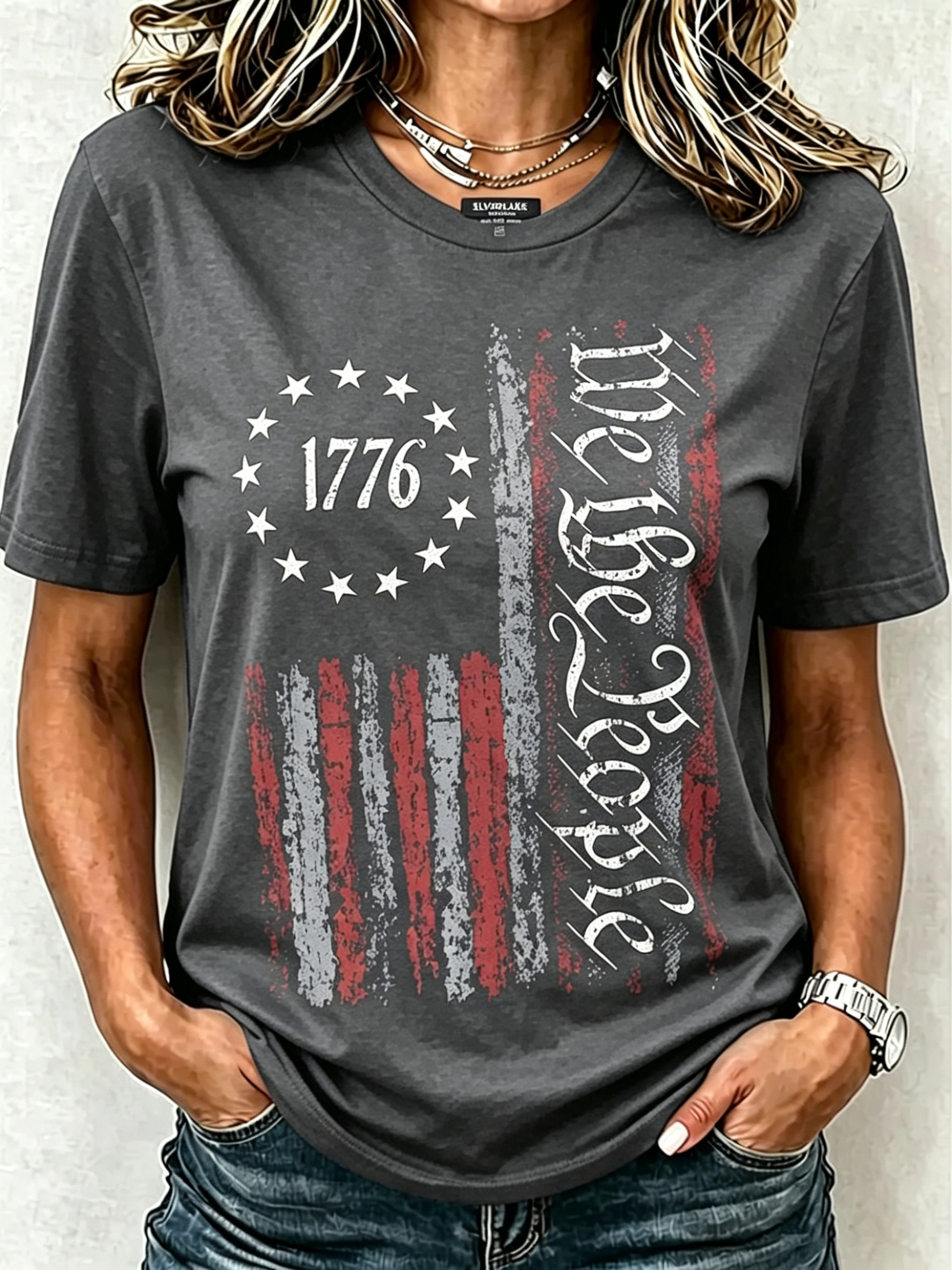 We The People Betsy Ross Flag 1776 Patriotic Print Oversized Women Crew Neck Short Sleeve Tee