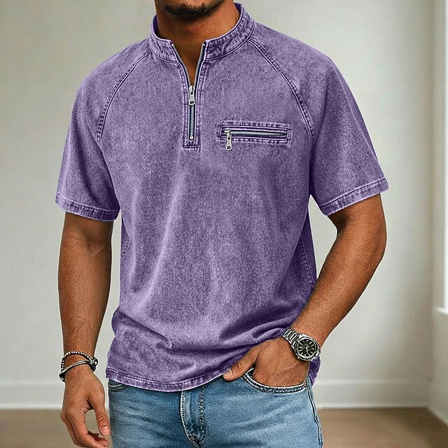 Men’s Vintage Washed Half Zip Stand Collar Raglan Sleeve Zipper Chest Pocket Casual Short Sleeve T-Shirt