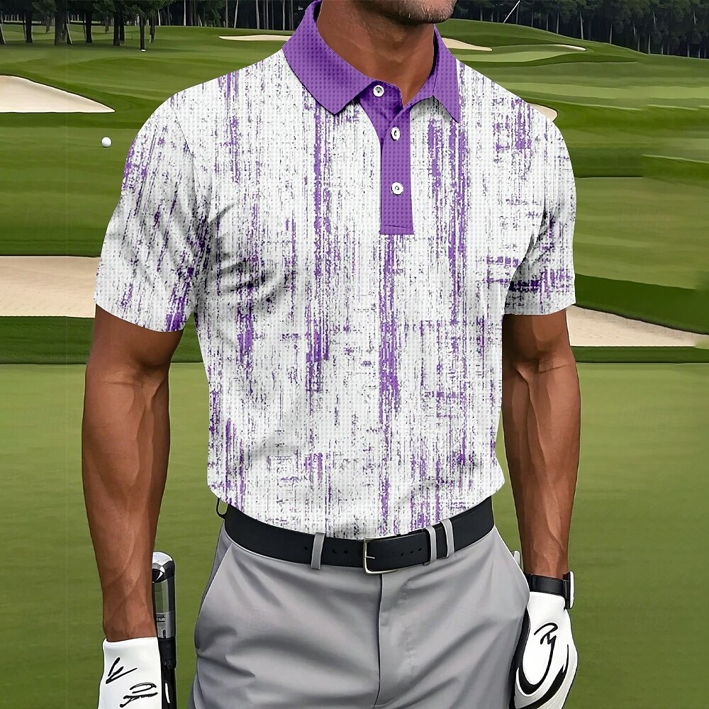 Distressed Vertical Texture Print Contrast Collar Golf Polo Shirt for Men