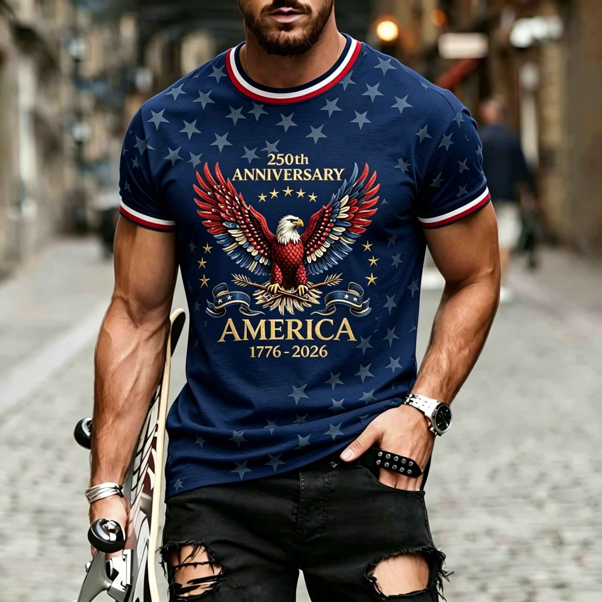 250th Patriotic Eagle Star Print Ringer Crew Neck T-Shirt for Men