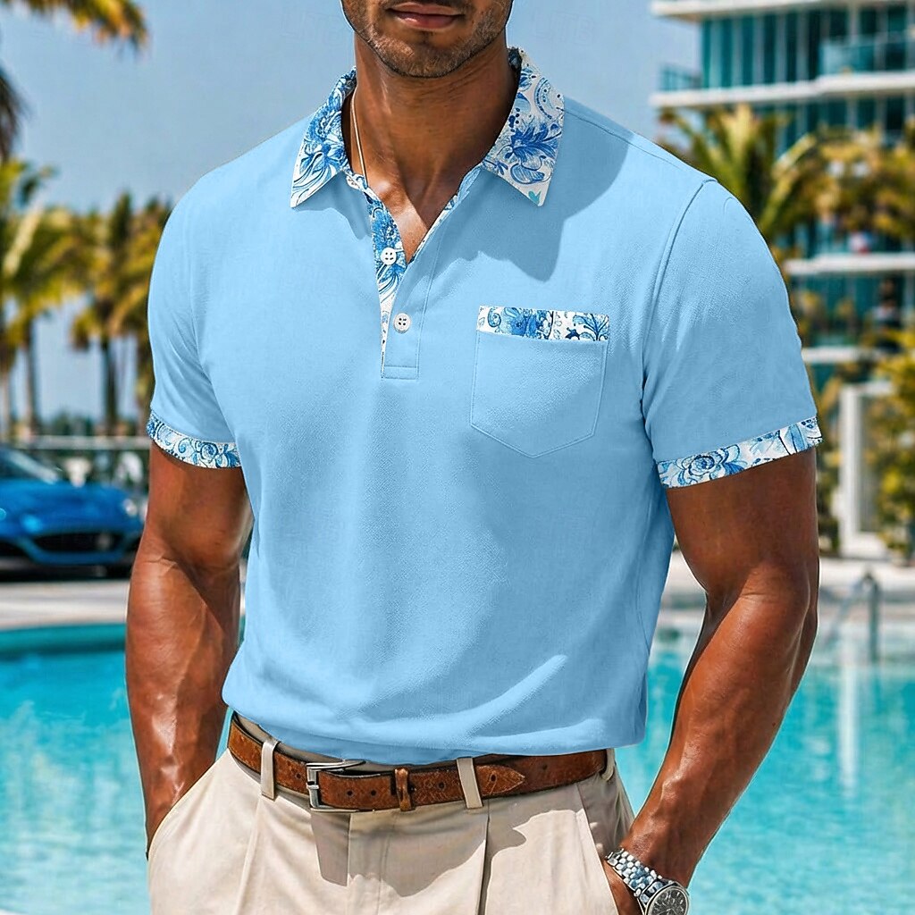 Floral Contrast Collar Pocket Solid Short Sleeve Polo Shirt for Men