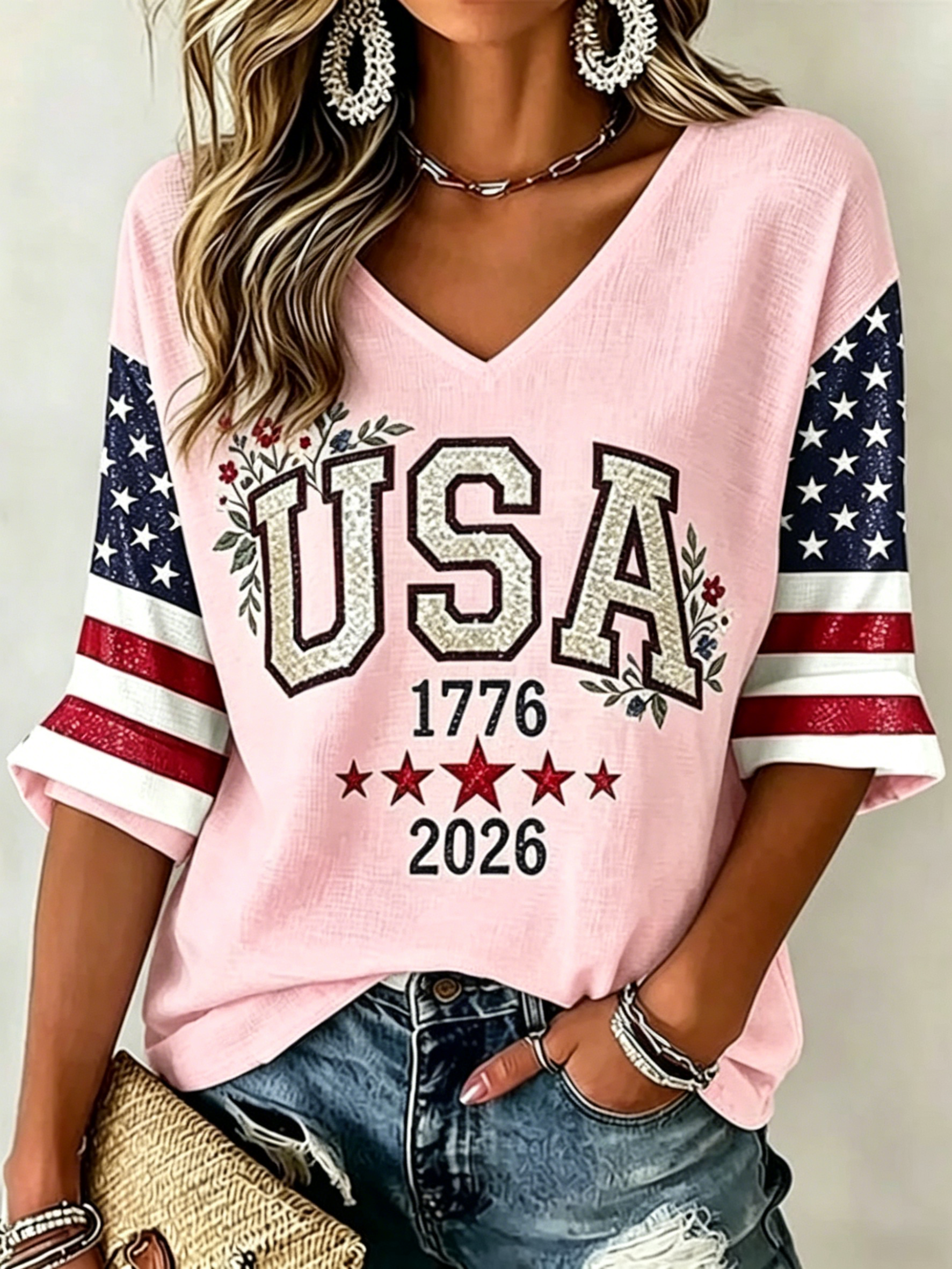 Glitter USA Floral Star Flag Raglan 3/4 Sleeve V Neck Patriotic T-Shirt for Women