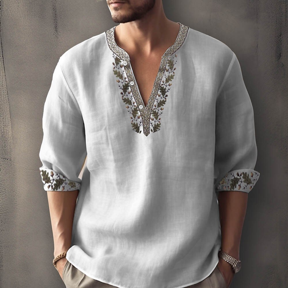Boho Floral Trim V Neck Roll Sleeve Linen Henley Shirt for Men