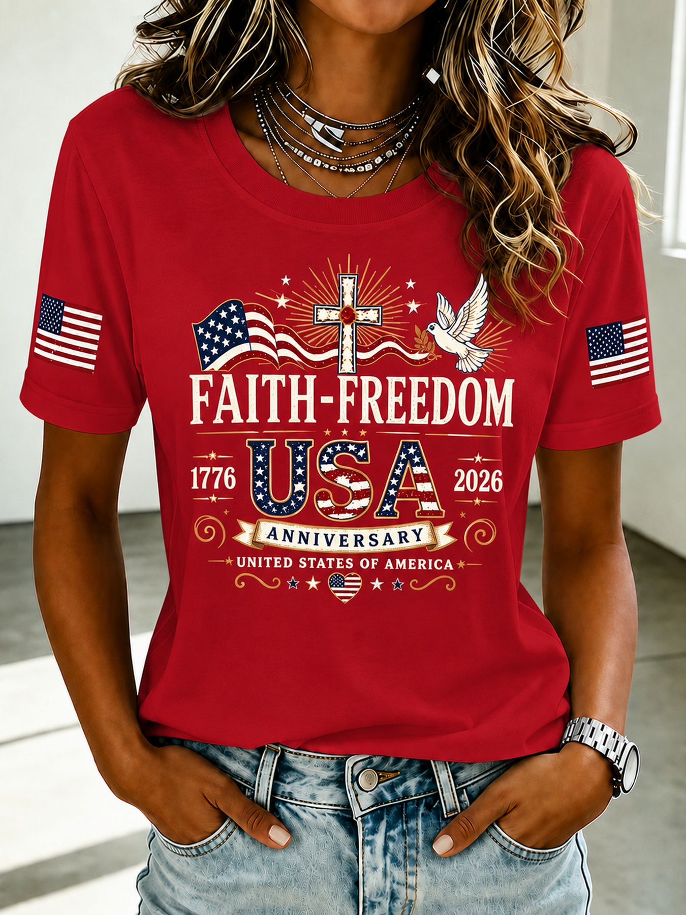 Faith Freedom Cross Dove Dual Flag Sleeve Patriotic Crew Neck T-Shirt for Women