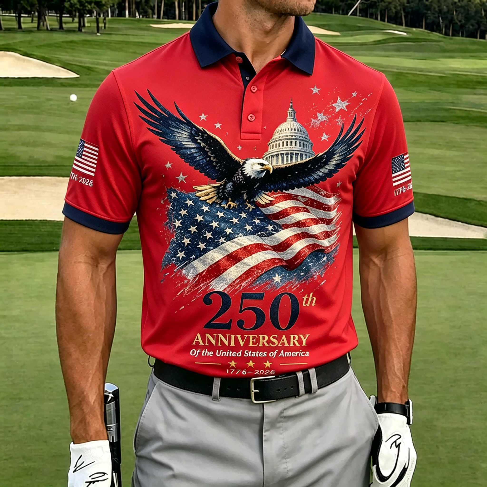 Flying Eagle Capitol Vintage Flag Patriotic Men Golf Polo