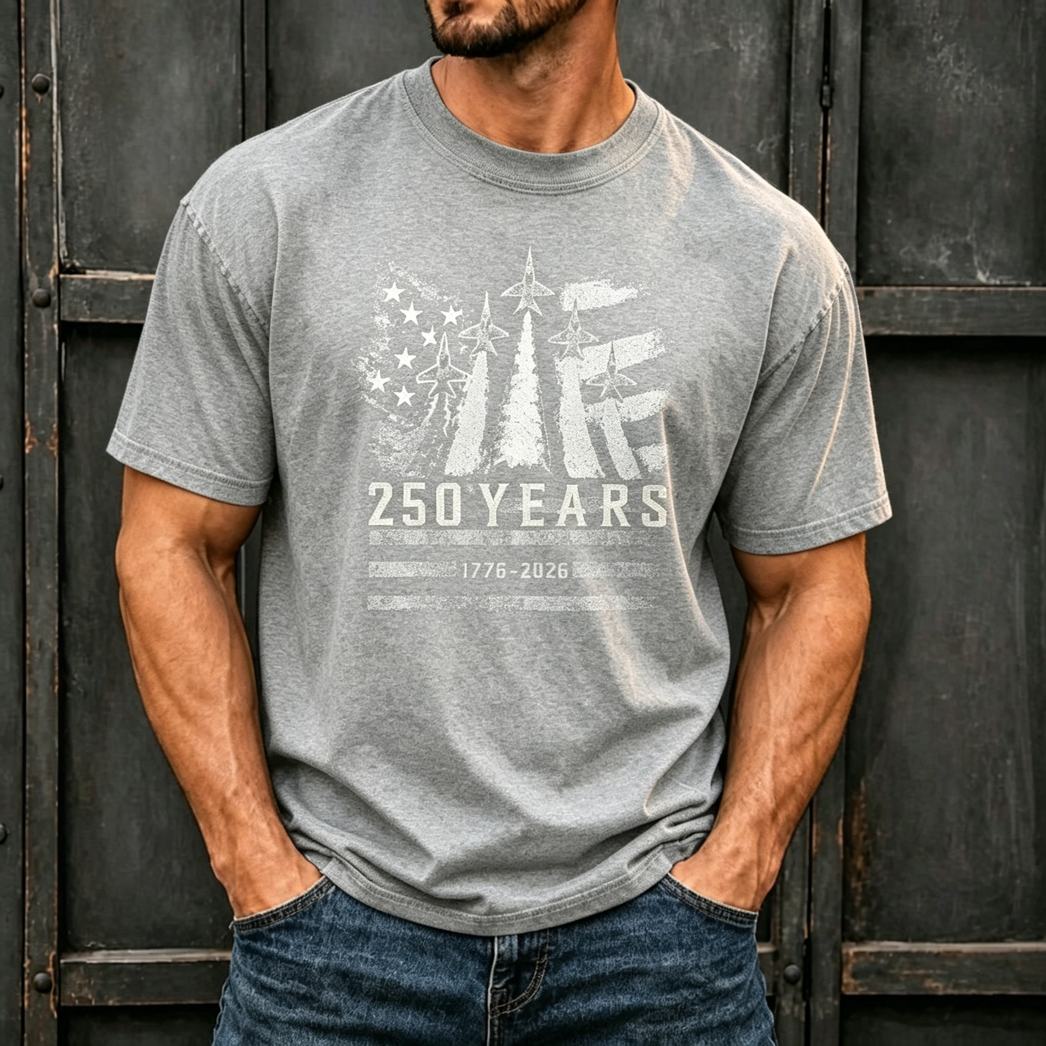 Fighter Jet Distressed US Flag 250 Years Patriotic Print Oversized Men Crew Neck Washed Short Sleeve Tee