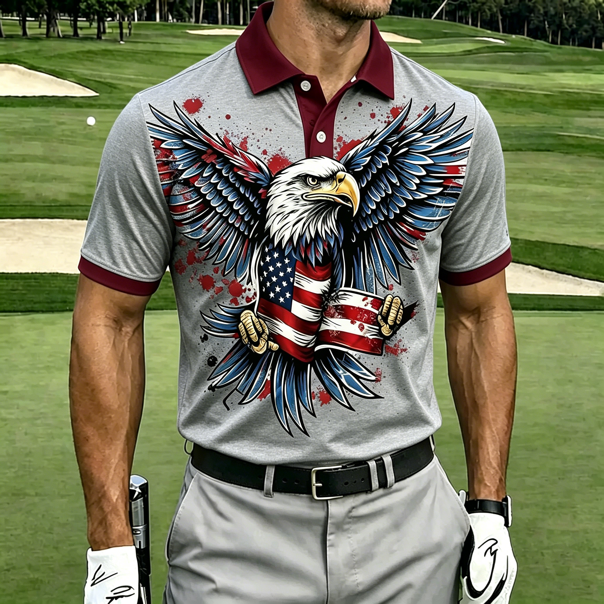 Patriotic Bald Eagle with American Flag Print Men Short Sleeve Golf Polo Shirt