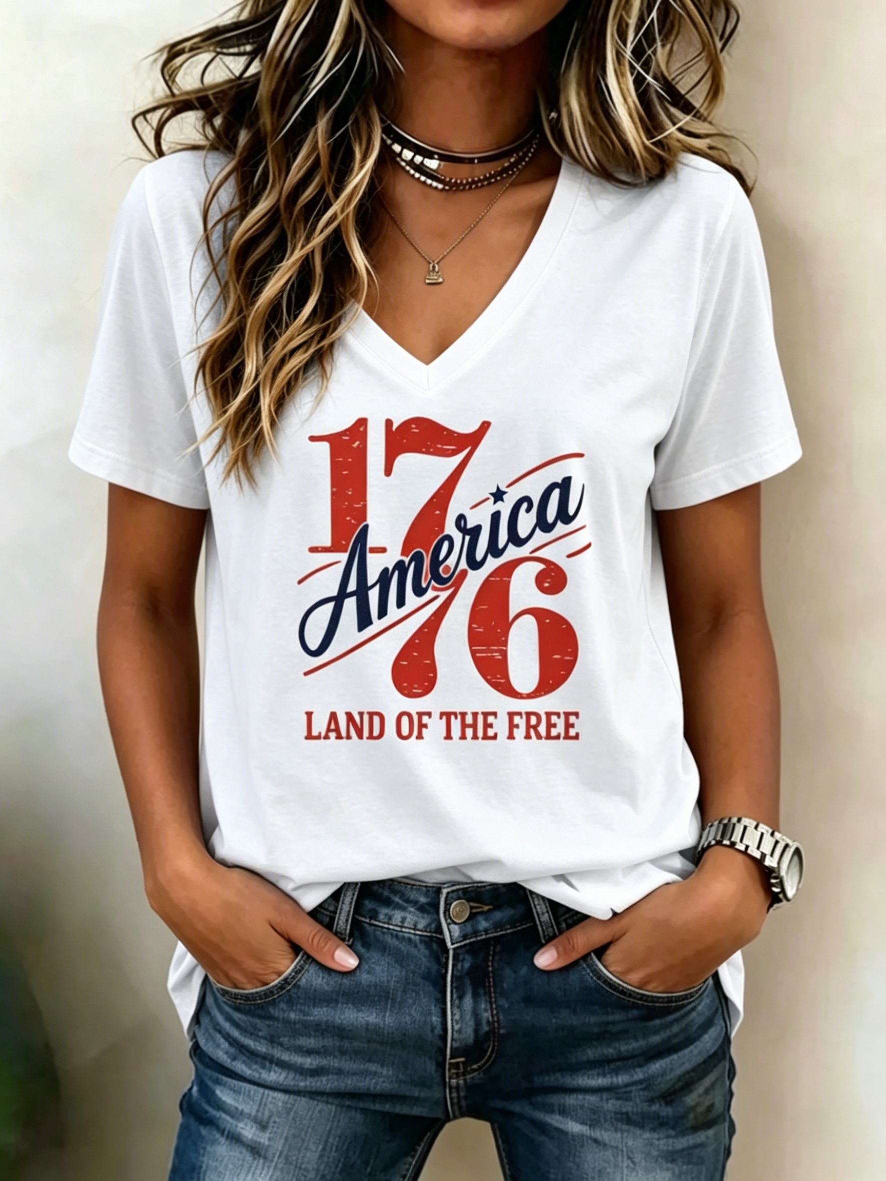 Vintage 1776 America Land Of The Free Letter Print V Neck Patriotic Casual Short Sleeve T-Shirt