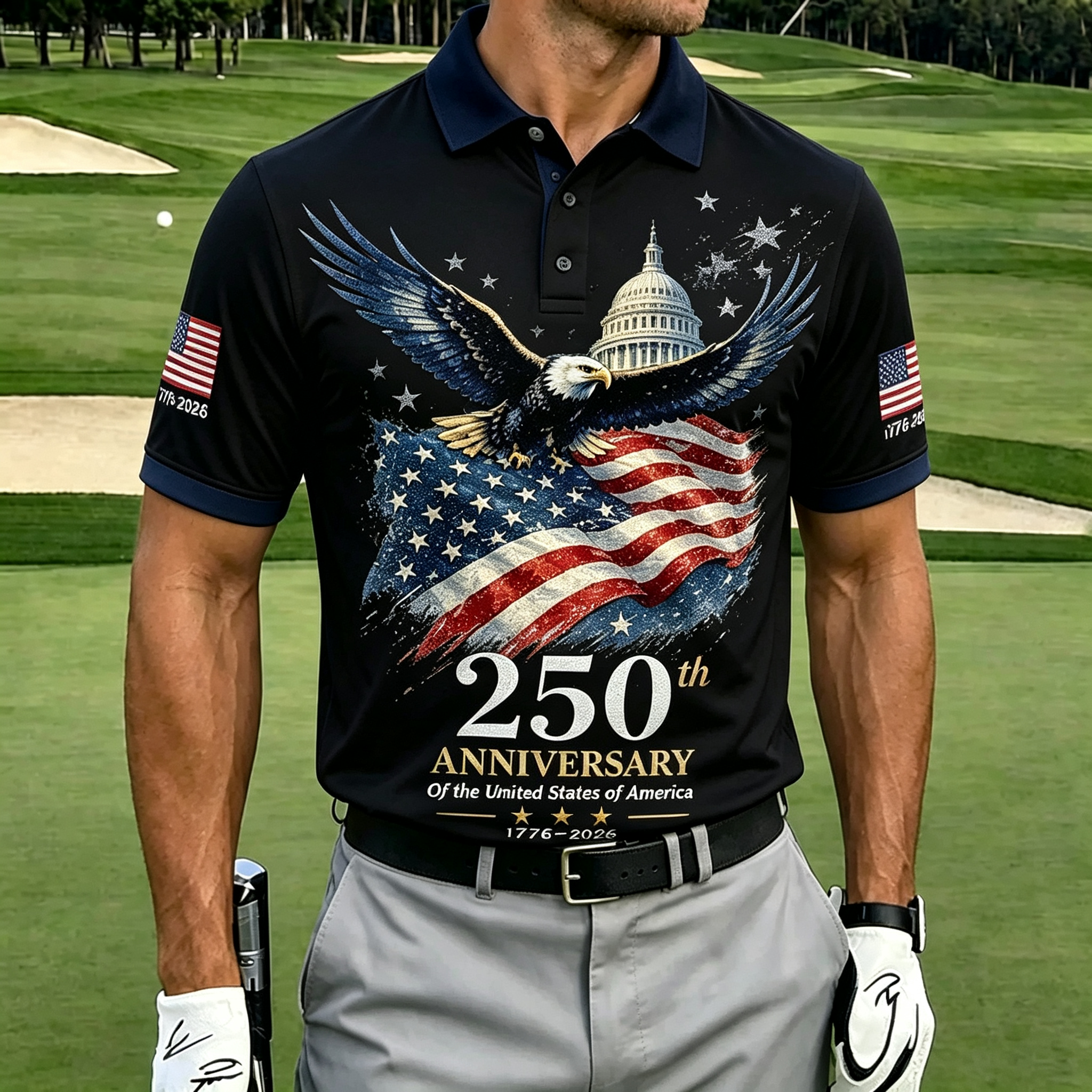 Flying Eagle Capitol Vintage Flag Patriotic Men Golf Polo