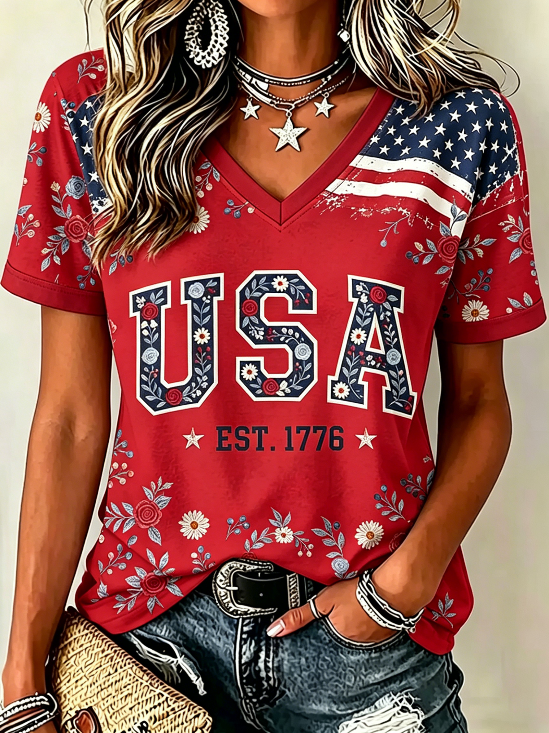 Floral USA 1776 Star Stripe Raglan V Neck Patriotic T-Shirt for Women