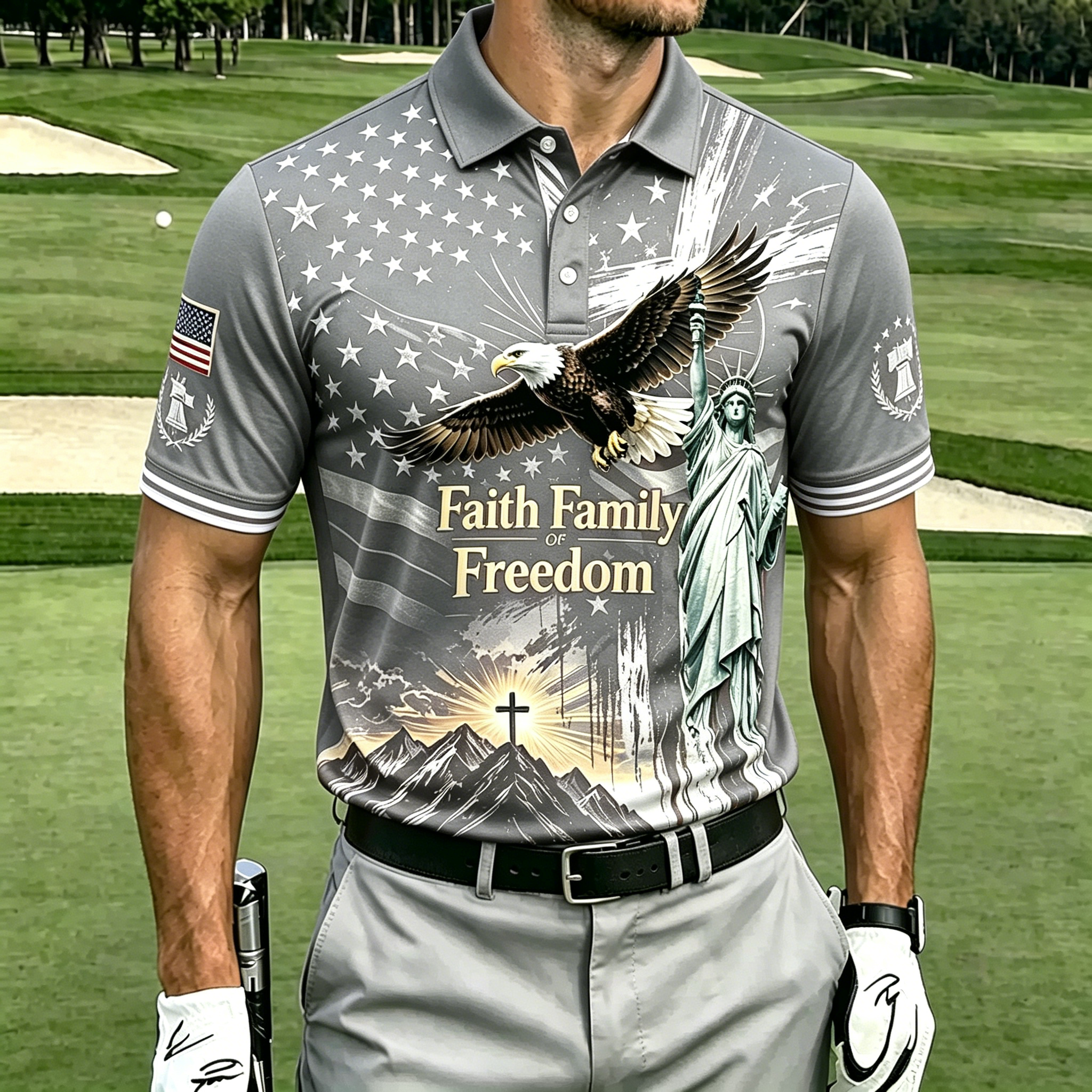 Faith Family Freedom Eagle Statue Liberty Flag Cross Print Contrast Collar Golf Polo Shirt for Men