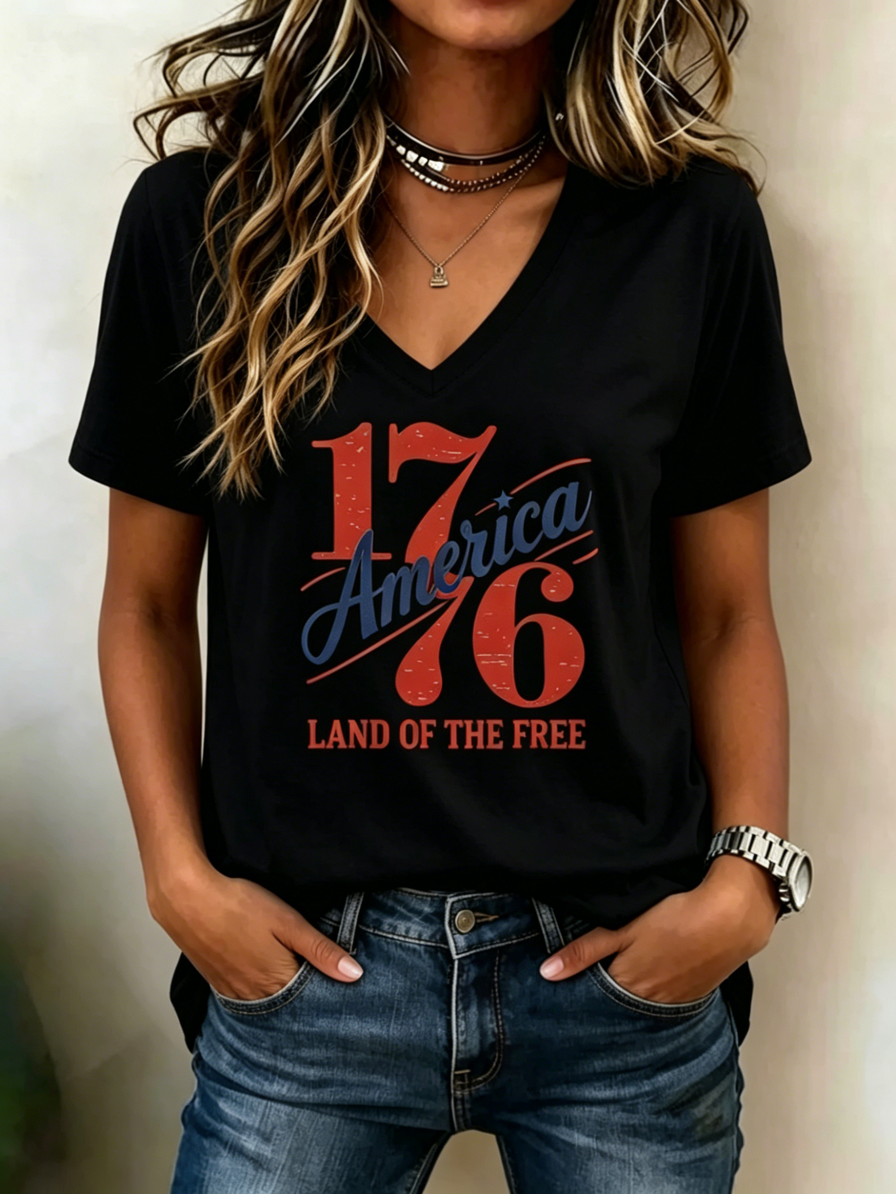 Vintage 1776 America Land Of The Free Letter Print V Neck Patriotic Casual Short Sleeve T-Shirt