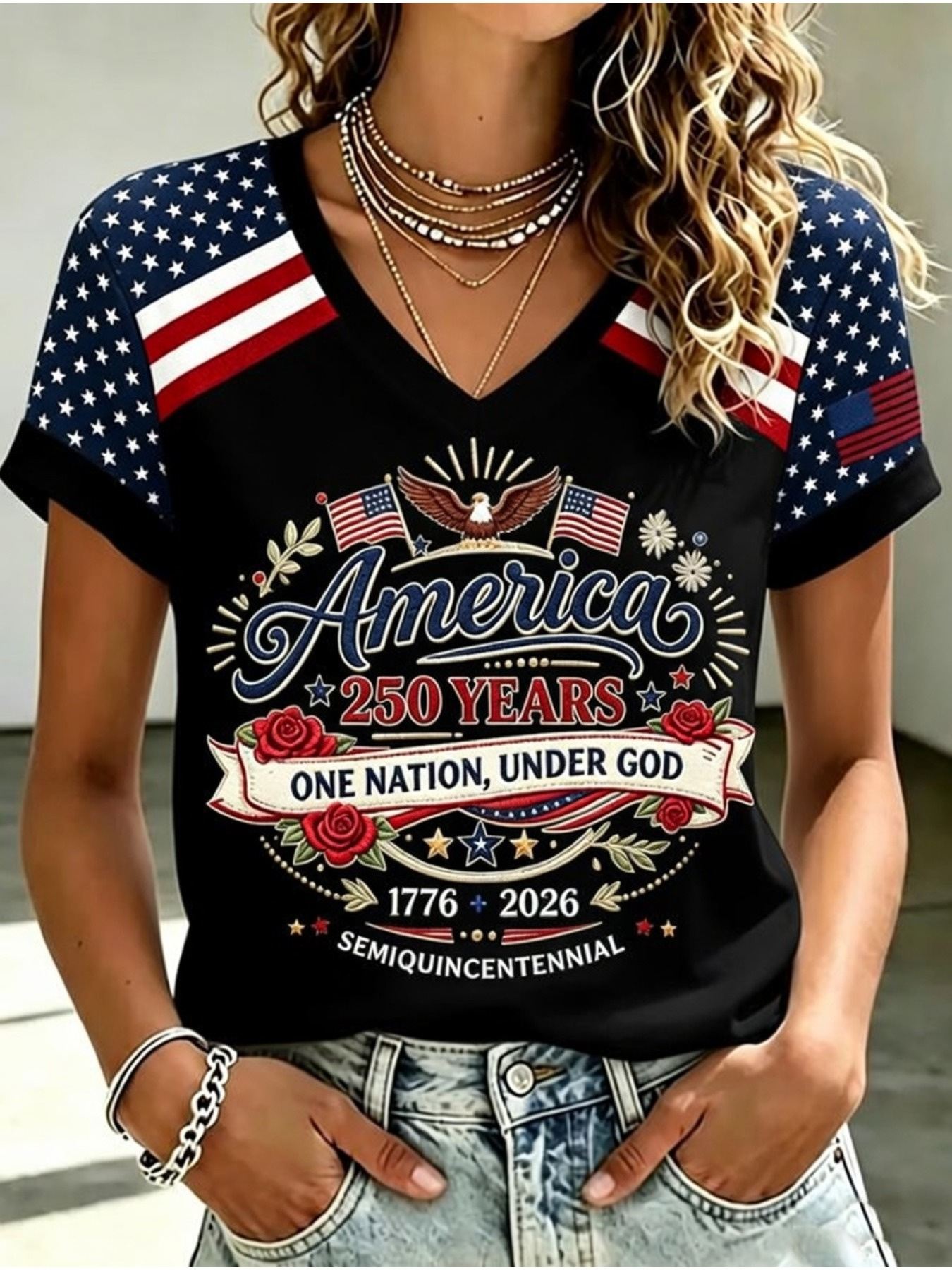 250th Eagle Floral Faith Slogan Raglan V Neck Patriotic T-Shirt for Women