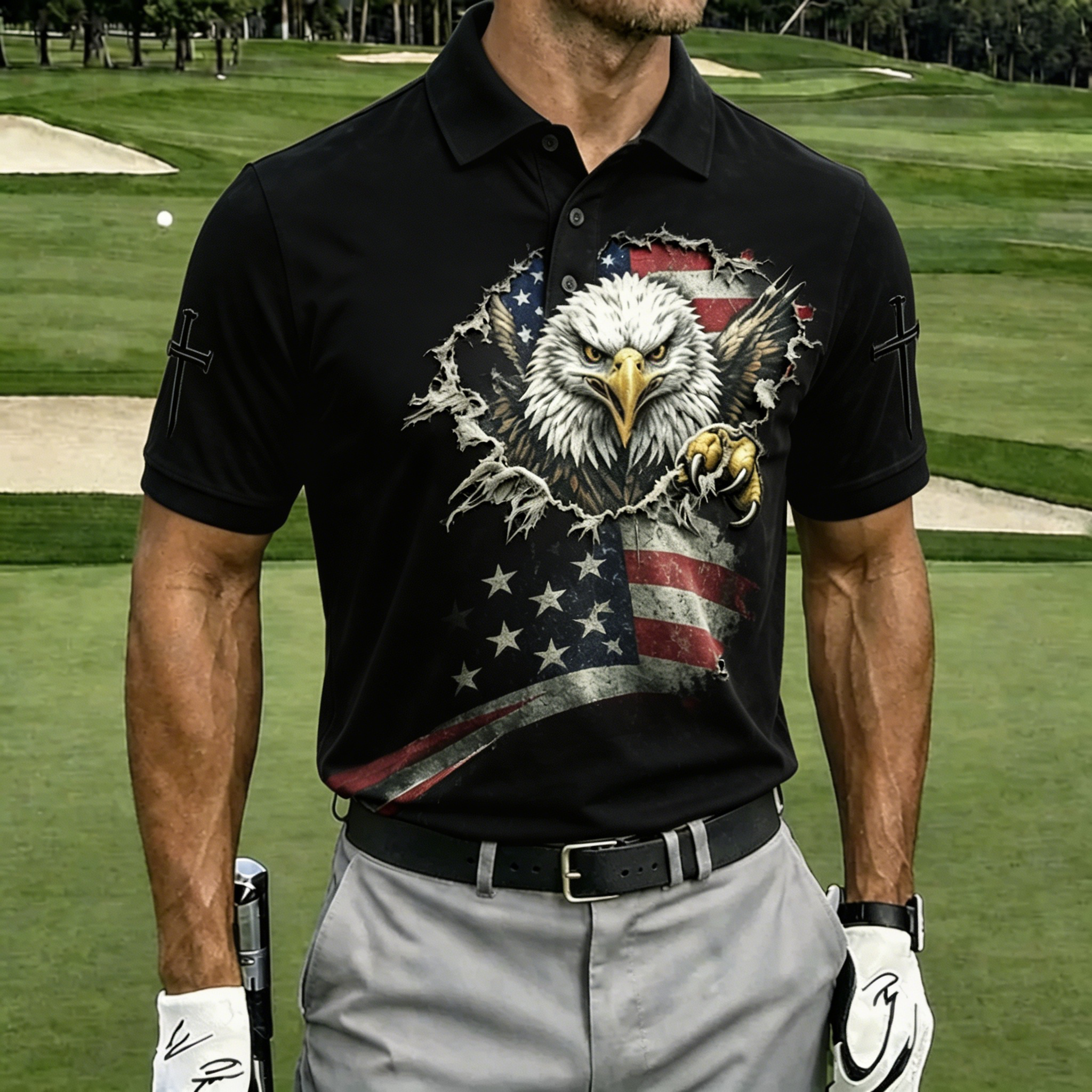 Vintage Distressed American Eagle USA Flag Golf Polo Shirt