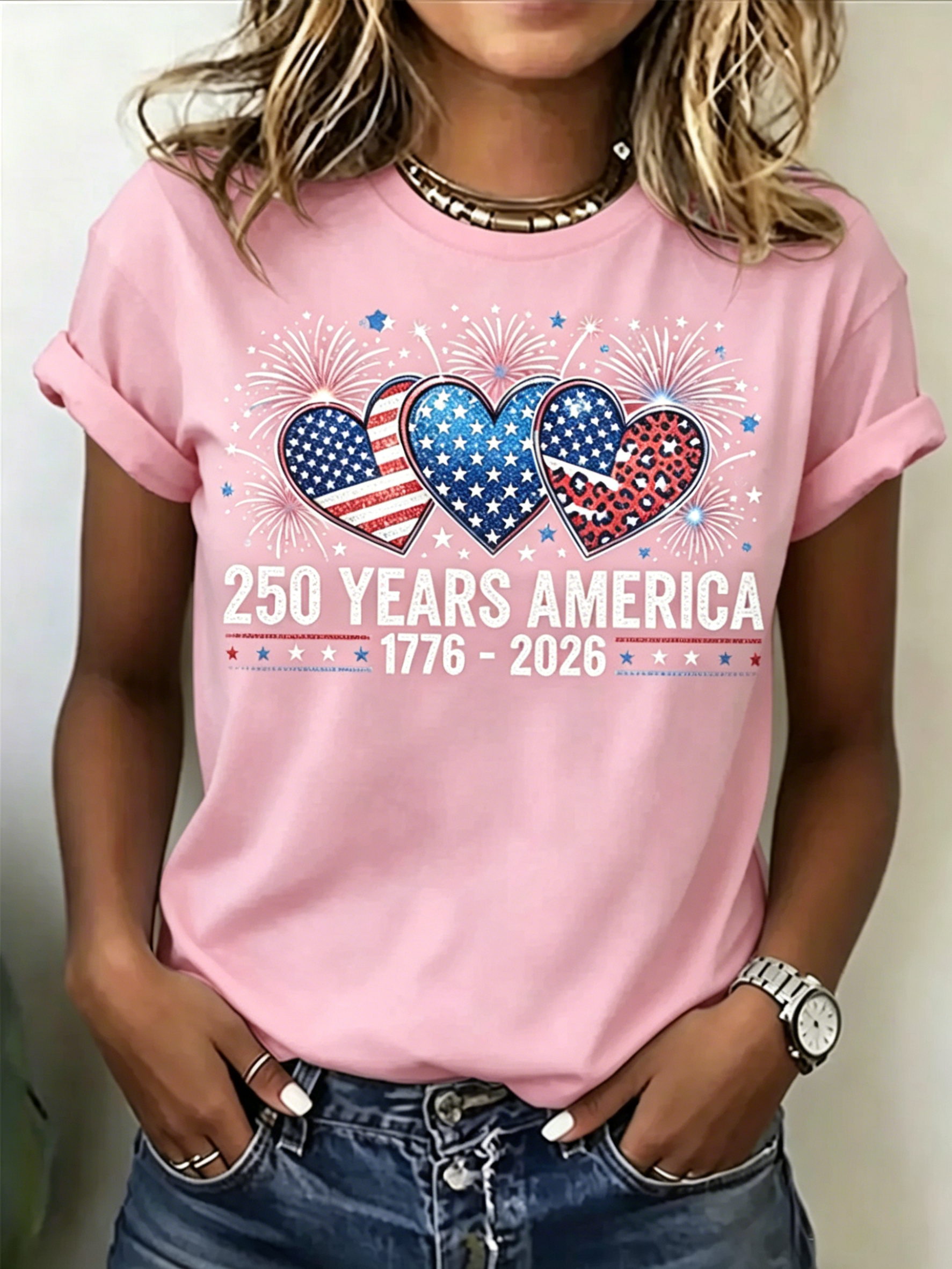 Women’s 250th Independence Day T-Shirt, Patriotic Heart & Fireworks Print Short Sleeve Tee