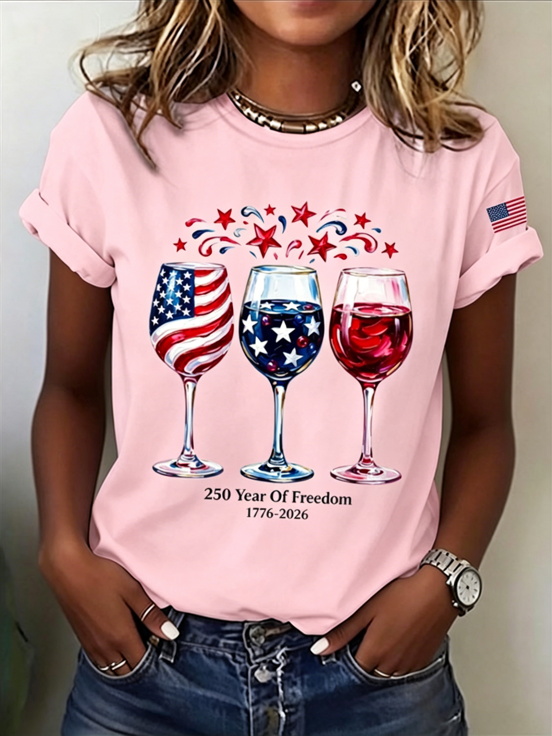 Women’s Patriotic Wine Glass Print T-Shirt, 250th Independence Day Casual Short Sleeve Tee