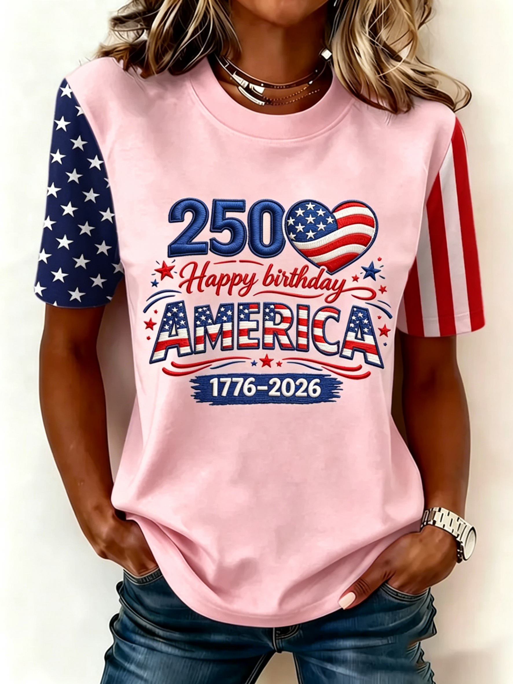 Women’s 250th Independence Day Flag Sleeve T-Shirt, Patriotic “Happy Birthday America” Print Tee