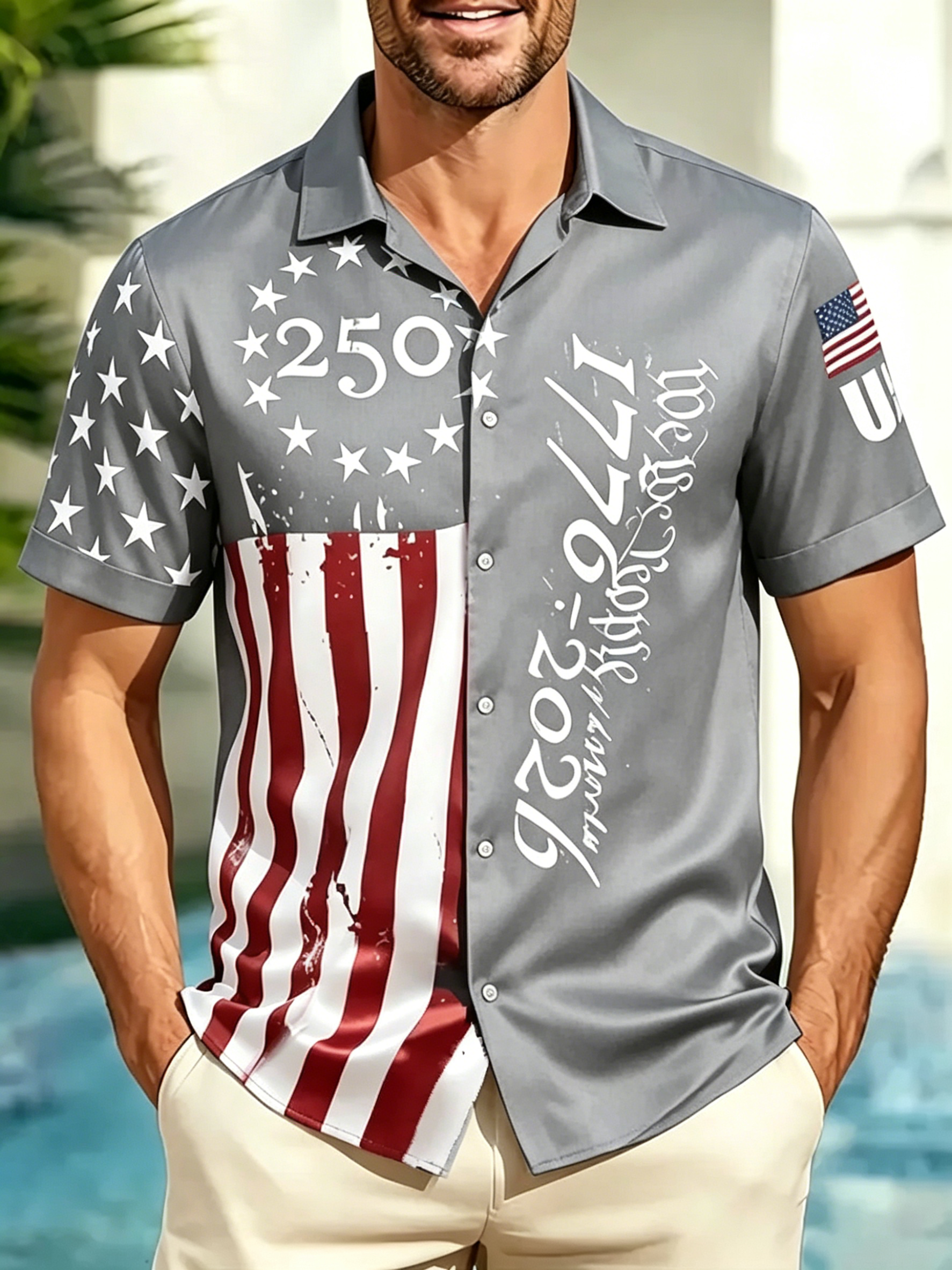 Men's American Flag 1776-2026 250th Anniversary Button Down Shirt, Patriotic We The People Print Short Sleeve Casual Hawaiian Shirt for Independence Day