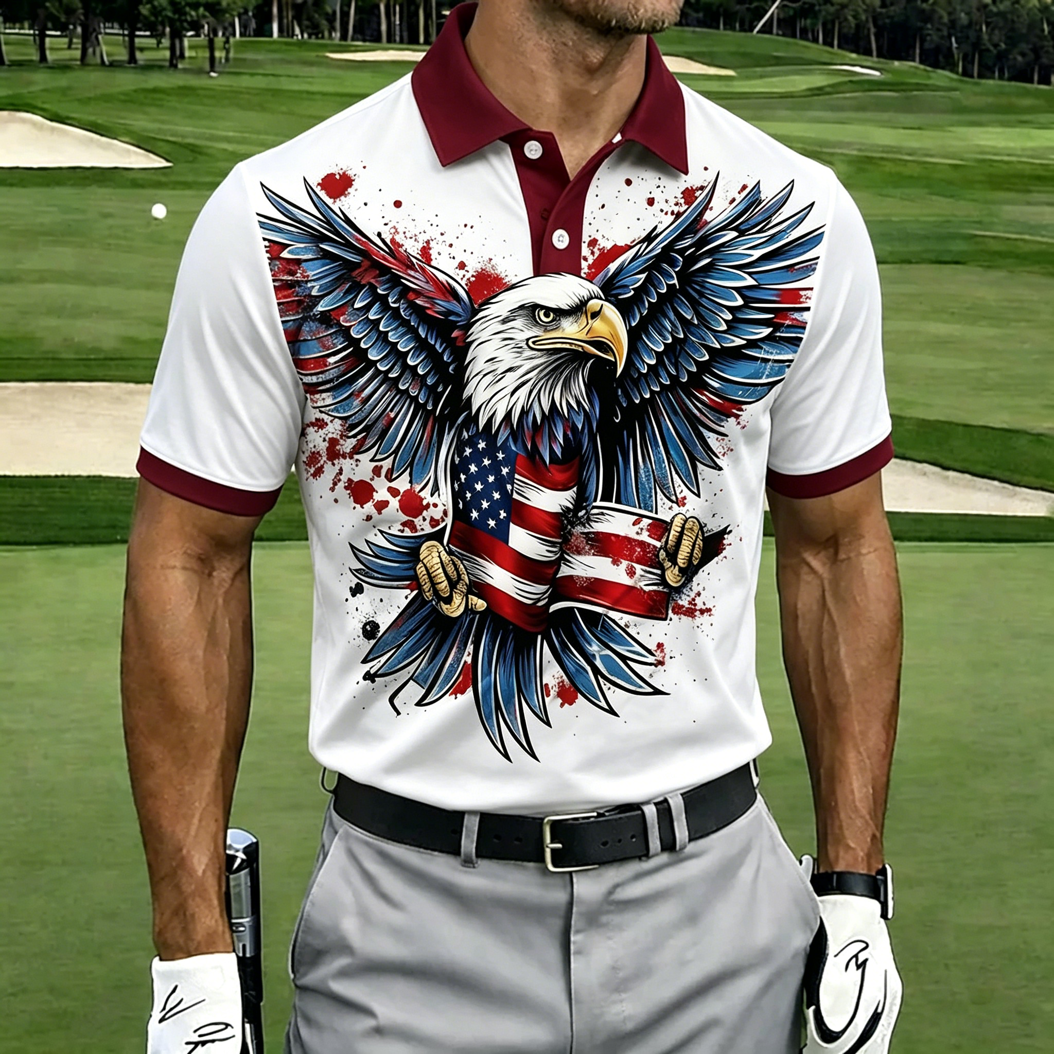 Patriotic Bald Eagle with American Flag Print Men Short Sleeve Golf Polo Shirt