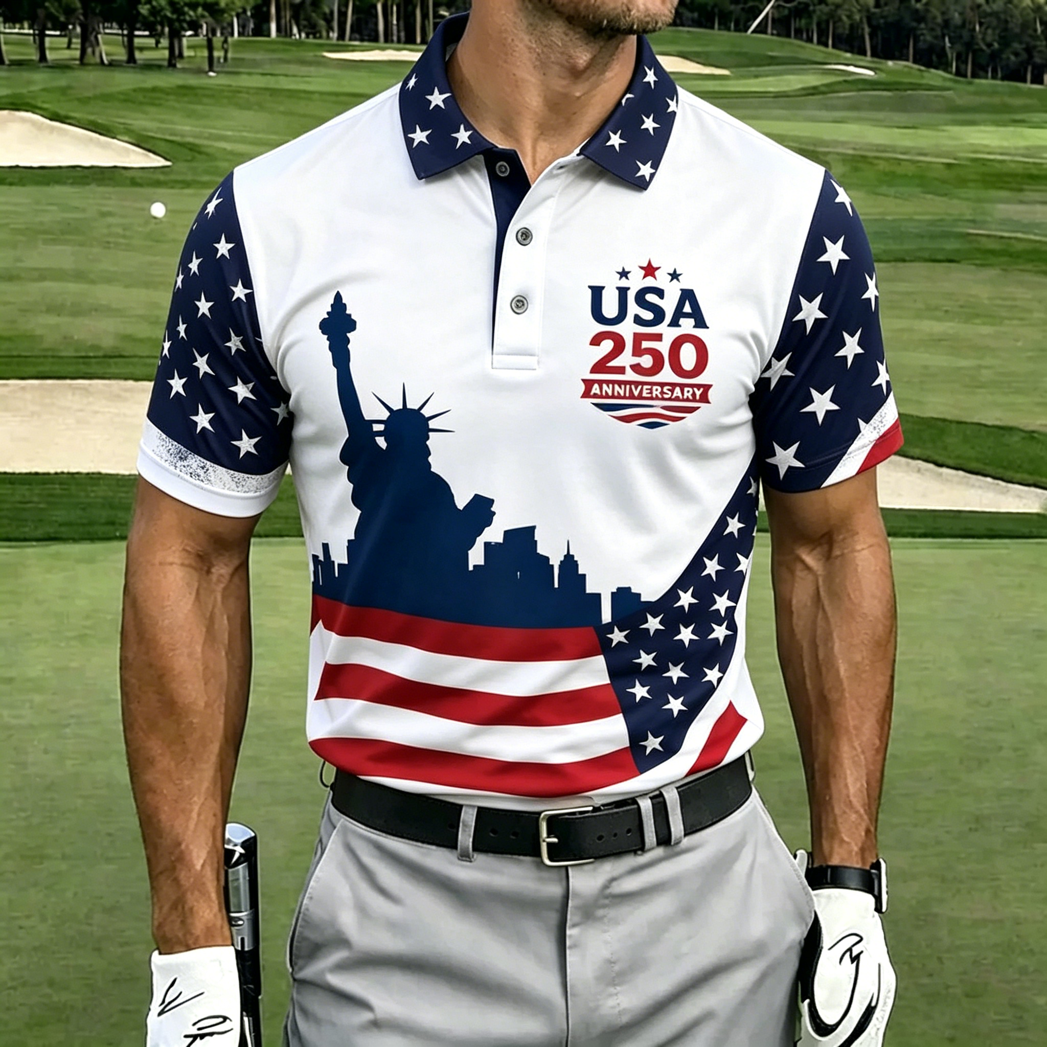 USA 250th Anniversary Distressed American Flag Golf Polo Shirt | Tactical Eagle Patriotic Polo