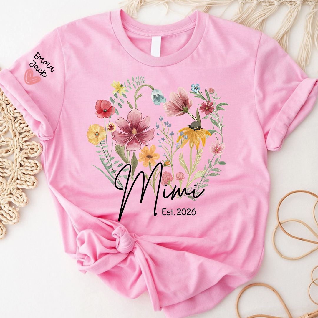 Mimi Est T-Shirt Personalized with Grandkids Names, Wildflower Floral Family Tee