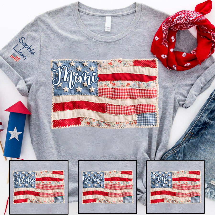 Mimi Shirt with Kids Names Patriotic Patchwork American Flag Design Custom Family Tee