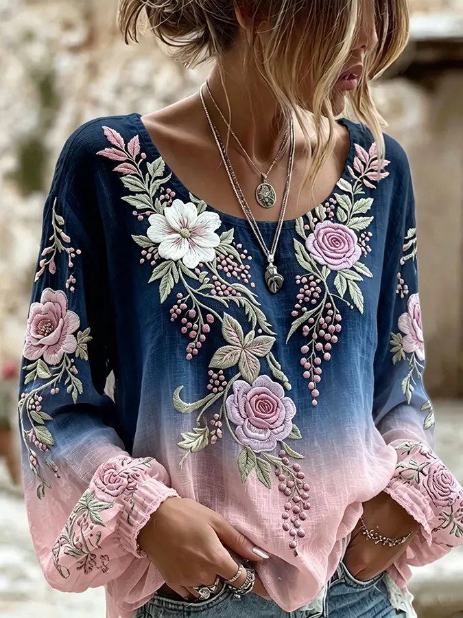 🌸 Boho Floral Embroidered Ombre Blouse