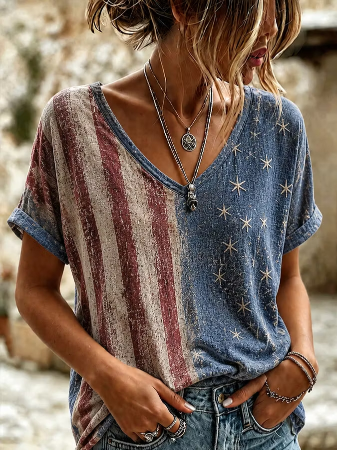 Retro Distressed Textured Patriotic Star Stripes Loose Fit Ladies Summer Top