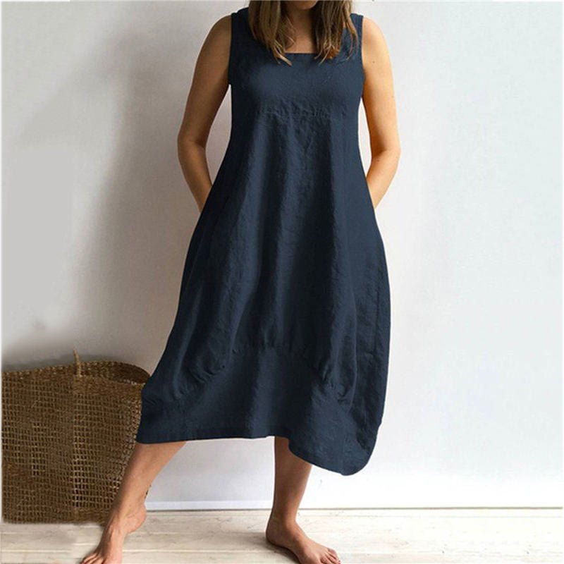 (S-5XL) Women's sleeveless dresses made of solid cotton and linen