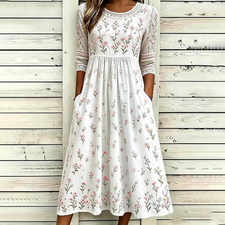 Women Flowy Tiered Floral Patchwork Casual Midi Dress with Side Pockets