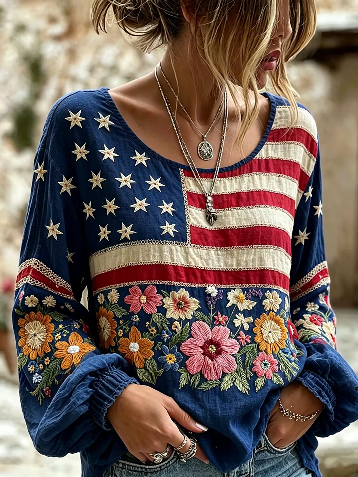 Women Boho Lace Trim American Flag Print Long Puff Sleeve Patriotic Casual Blouse