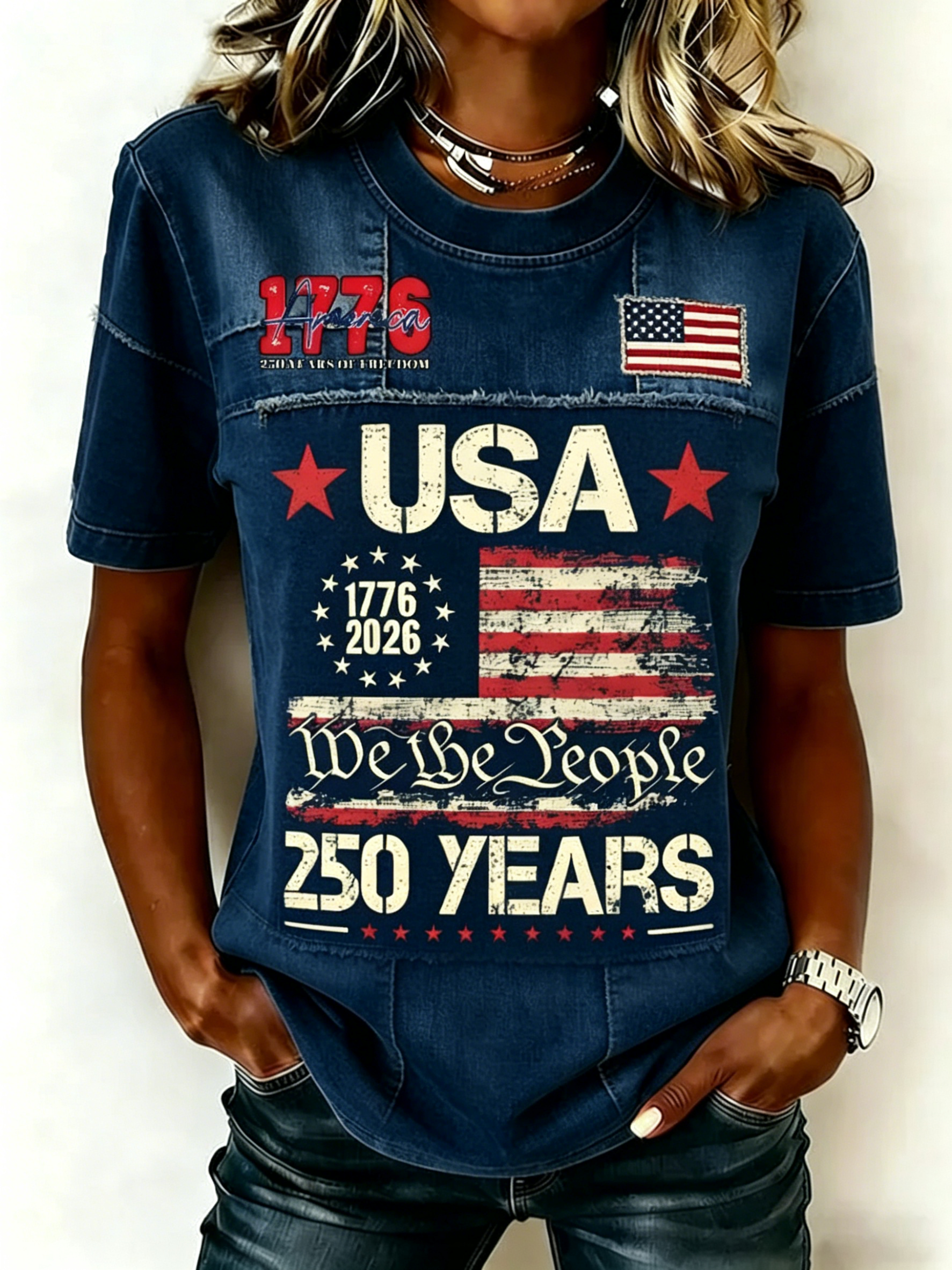 Patriotic Patchwork American Flag Sleeve Print Crew Neck Casual Tee For Women