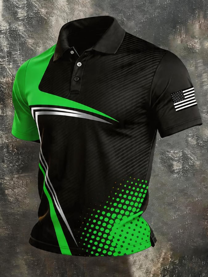 Men’s Sporty American Flag Print Polo Shirt, Performance Fabric Short Sleeve Casual & Golf Wear