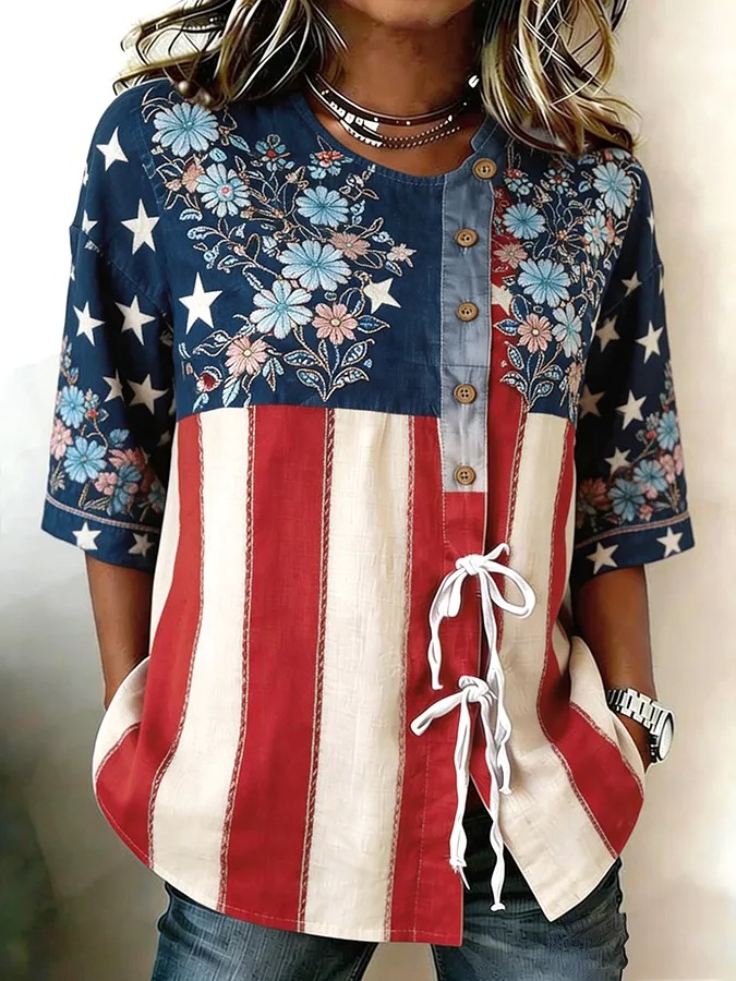 Women's Floral American Flag Ruffle-Sleeve Blouse