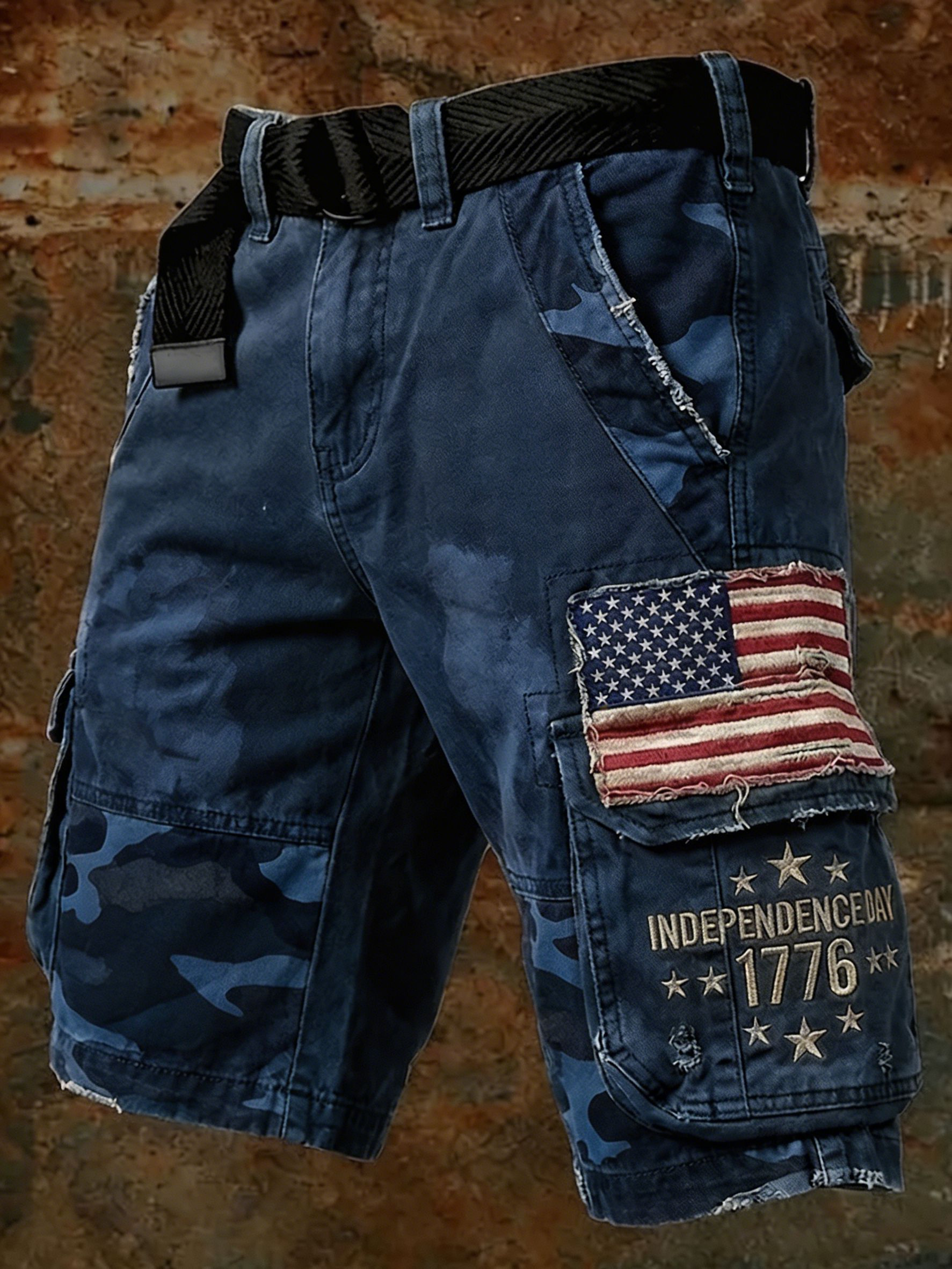 Camouflage Cargo Shorts with American Flag Patch and 1776 Independence Print
