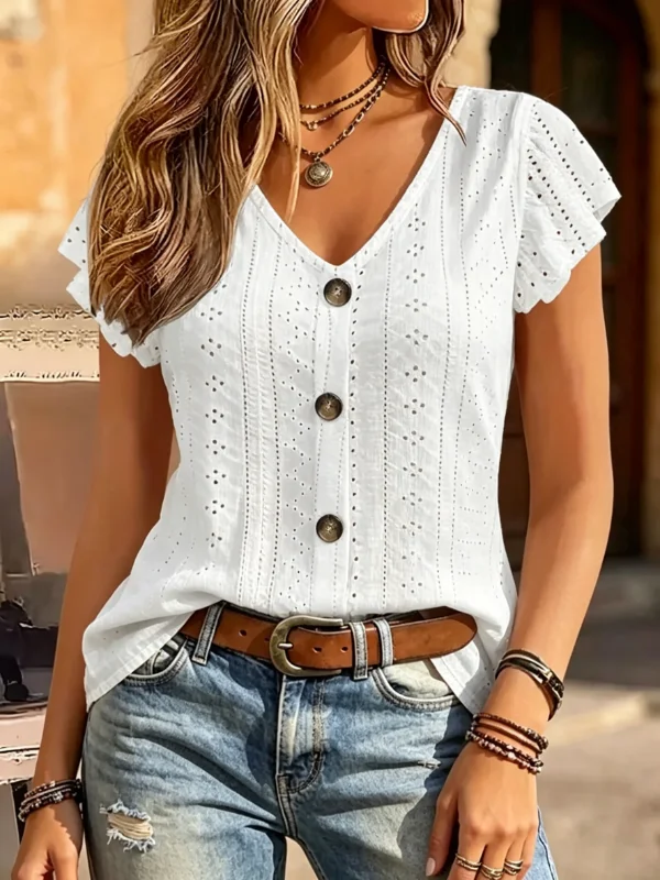 Casual V Neck Eyelet Embroidery Flutter Short Sleeve Fake Button Women Blouse