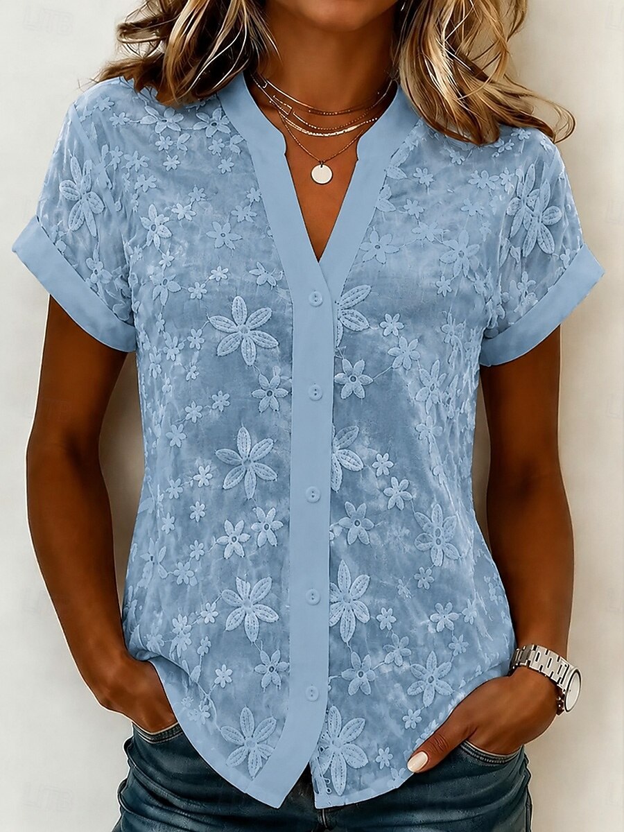 3D Floral Embroidery V Neck Button Down Blouse for Women