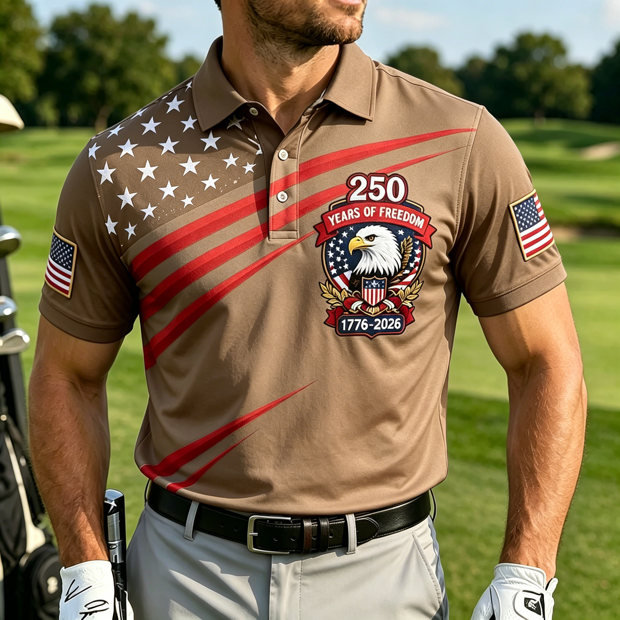 Patriotic Eagle Diagonal USA Flag Print Contrast Collar Golf Polo Shirt for Men