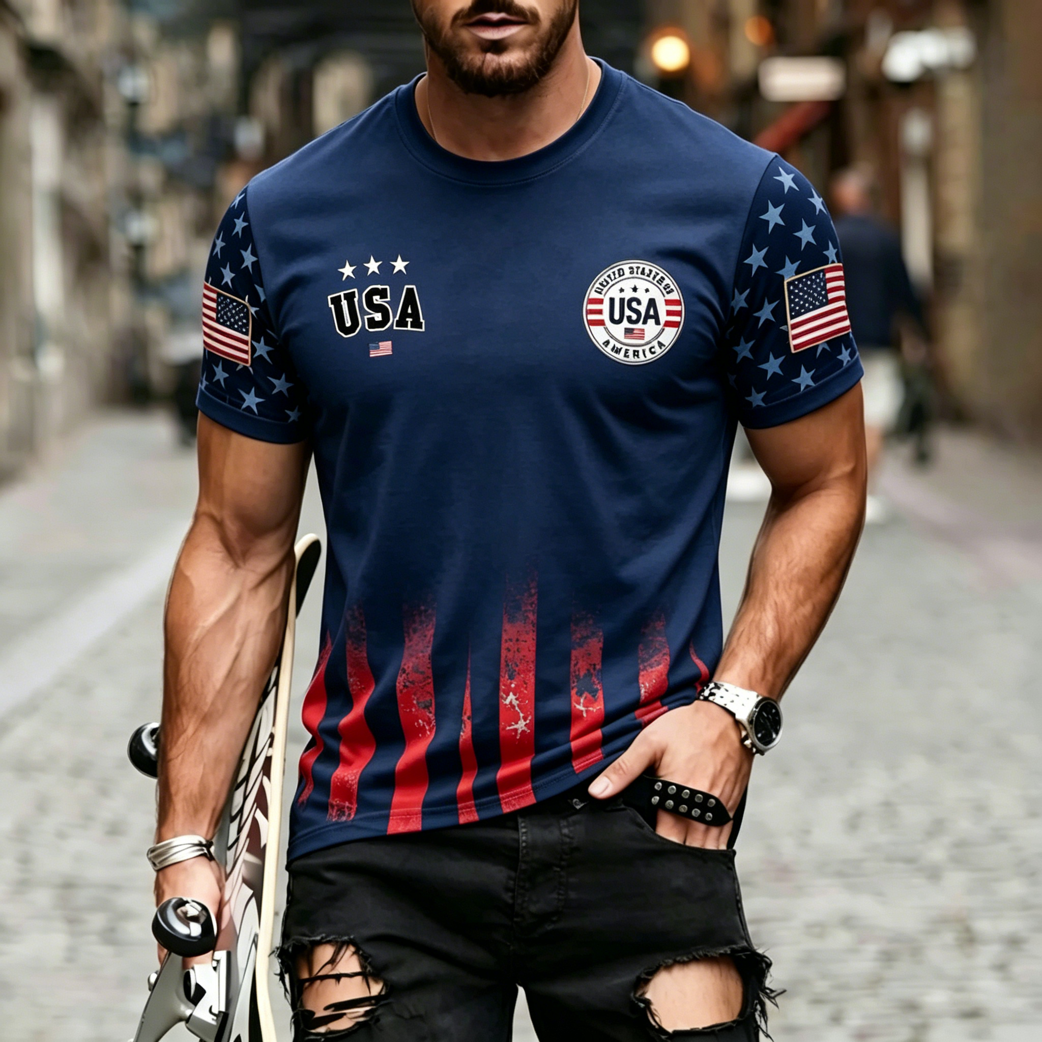 USA Star Sleeve Badge Print Crew Neck Patriotic T-Shirt for Men
