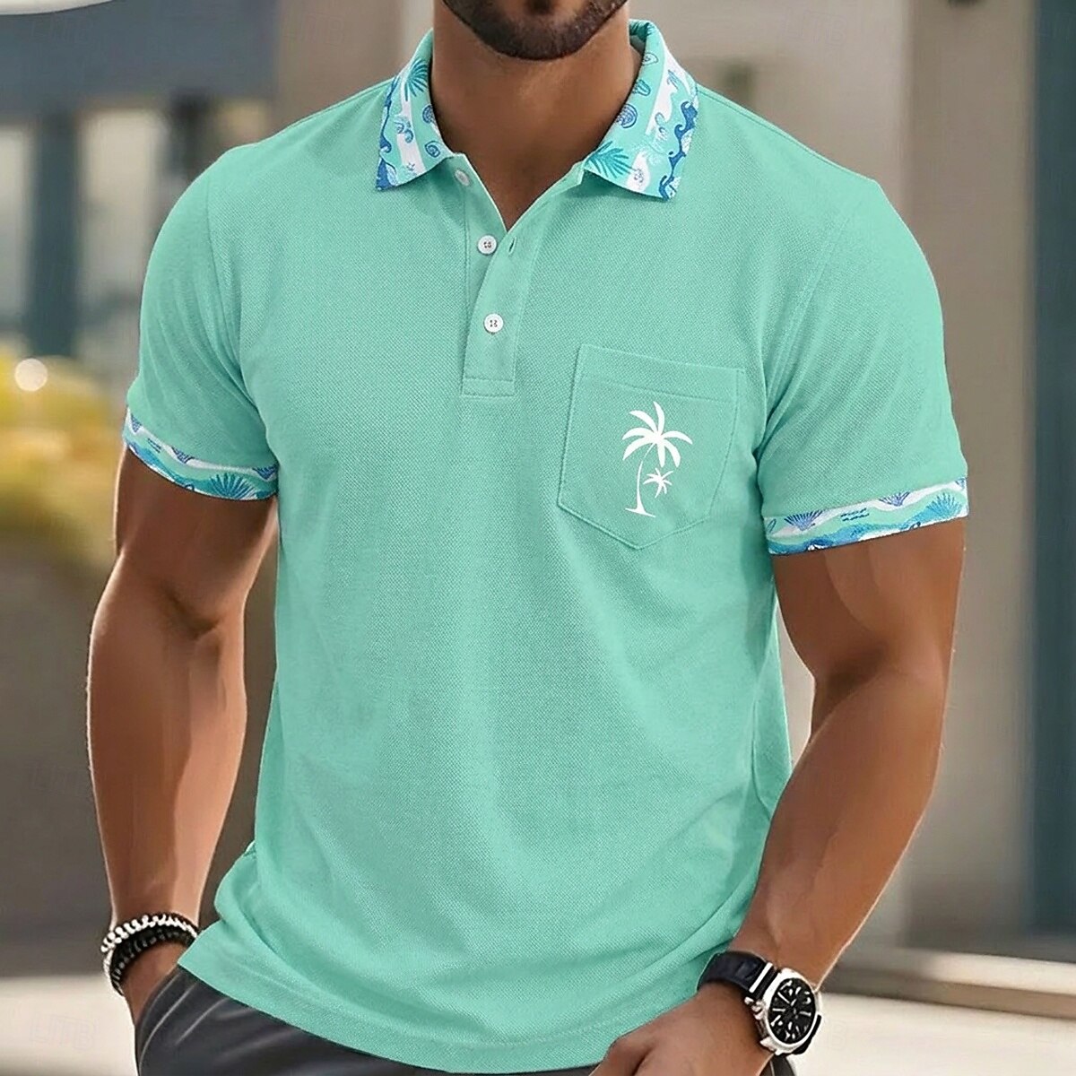 Palm Tree Embroidery Floral Trim Collar Pocket Golf Polo Shirt for Men