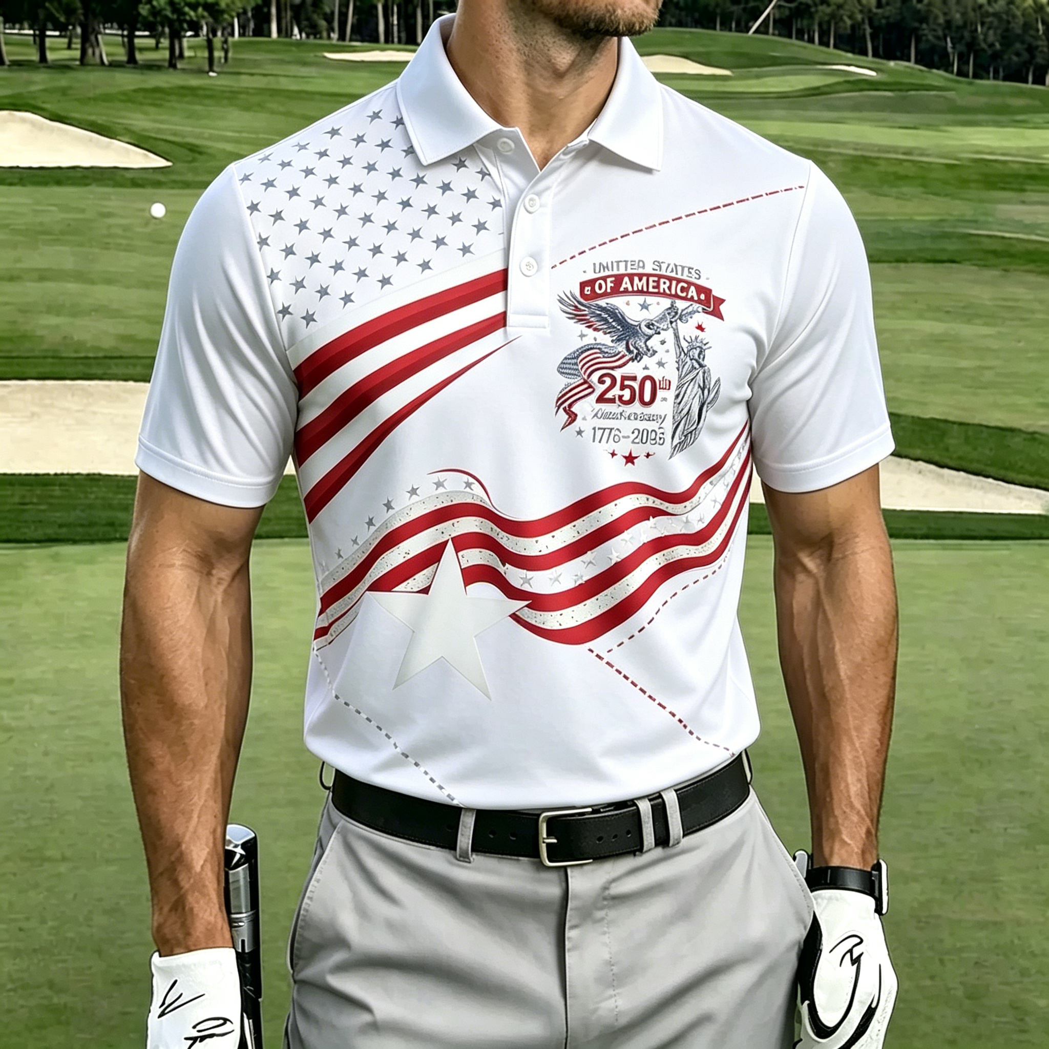 250th Eagle Liberty Star Stripe Gradient Collared Golf Polo Shirt for Men