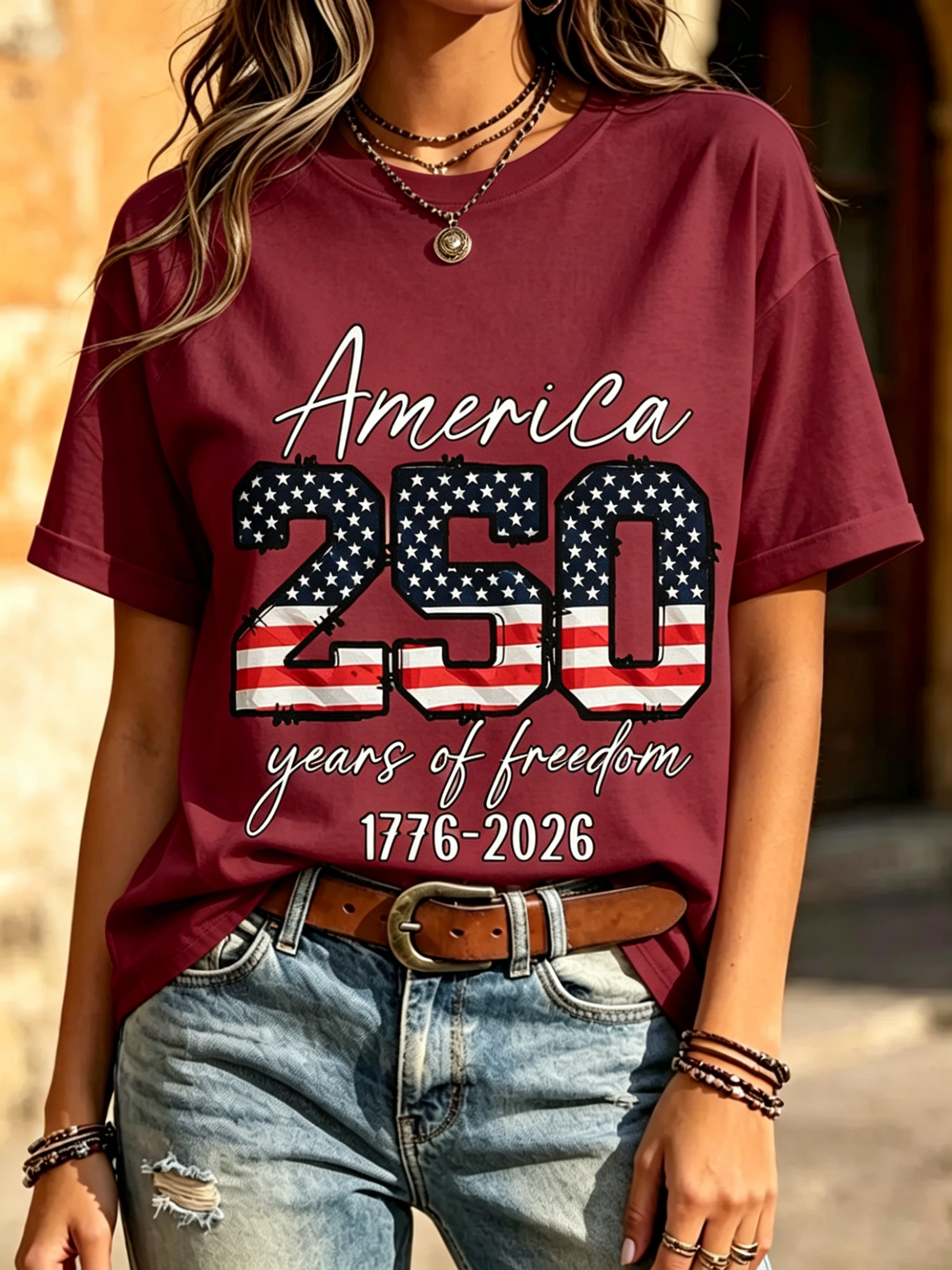 America 250 Years Of Freedom 1776-2026 American Flag Print Crew Neck Patriotic Casual Short Sleeve T-Shirt