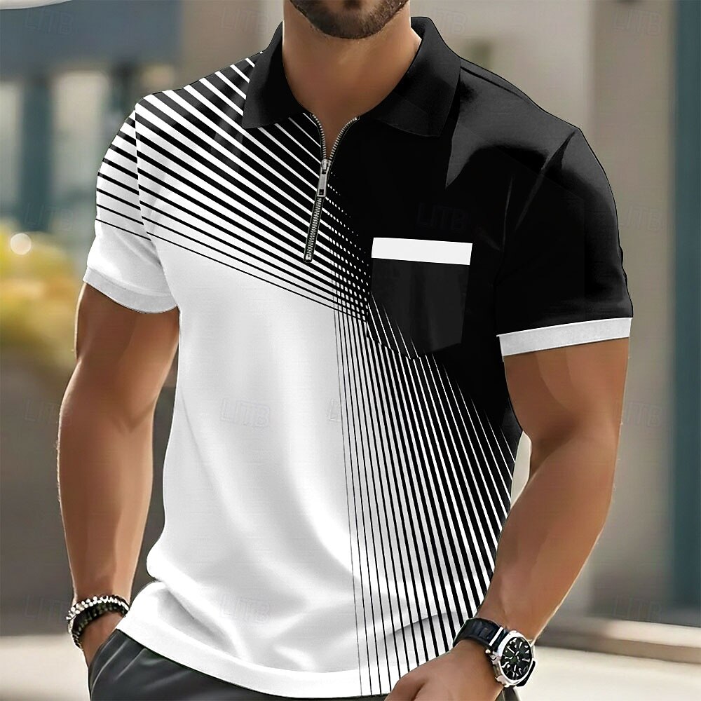 Gradient Line Zip Collar Pocket Short Sleeve Polo Shirt for Men