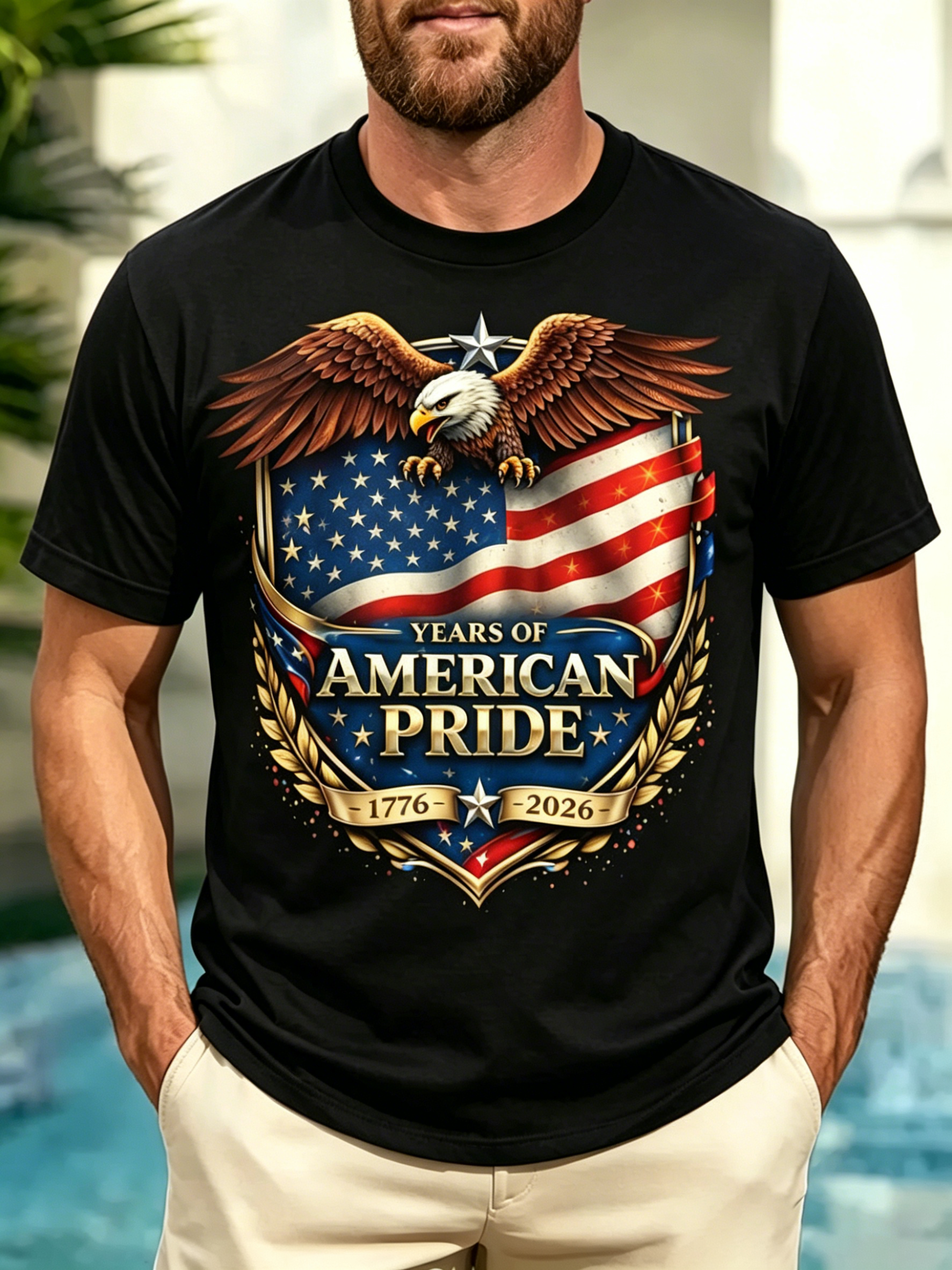 Vintage Crest Bald Eagle 250th Anniversary American Pride 1776-2026 Flag Print Crew Neck Loose Fit Men Oversized Casual Tee